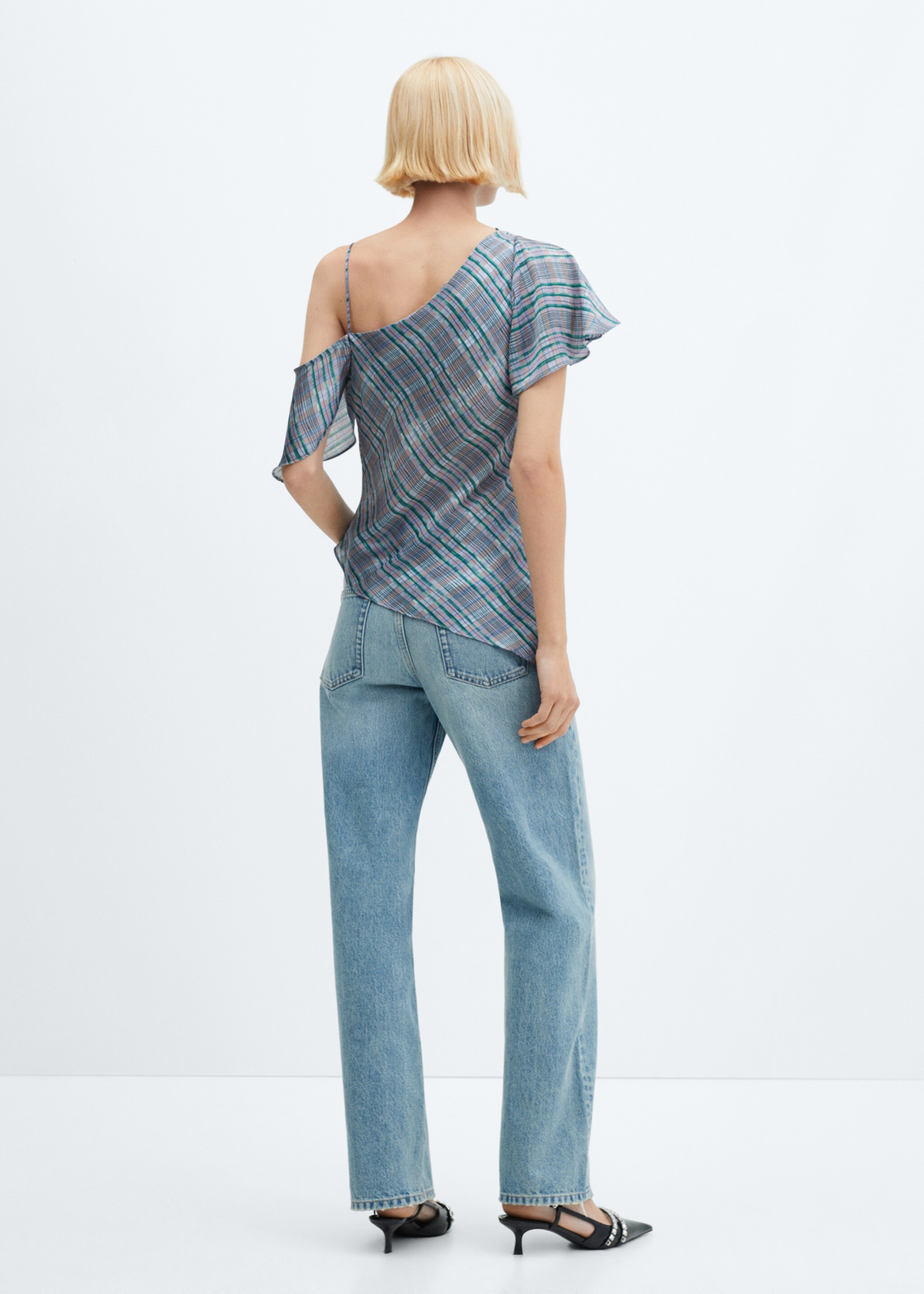 Asymmetrical satin check blouse - Reverse of the article, Blue. Ref: 67065754-00.