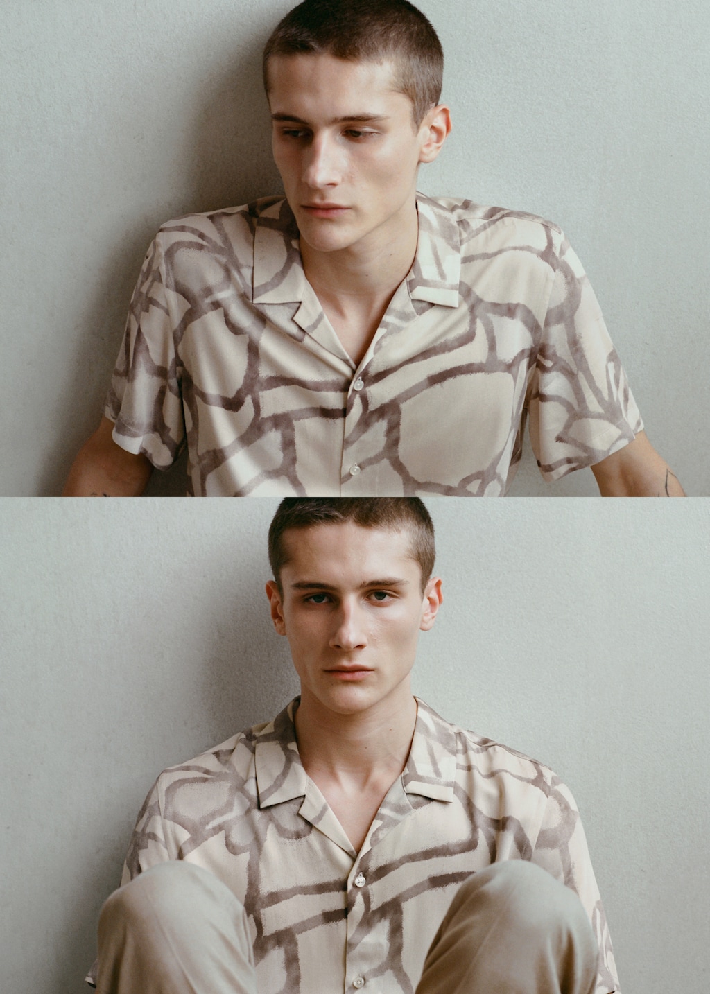 Printed flowing shirt with bowling collar