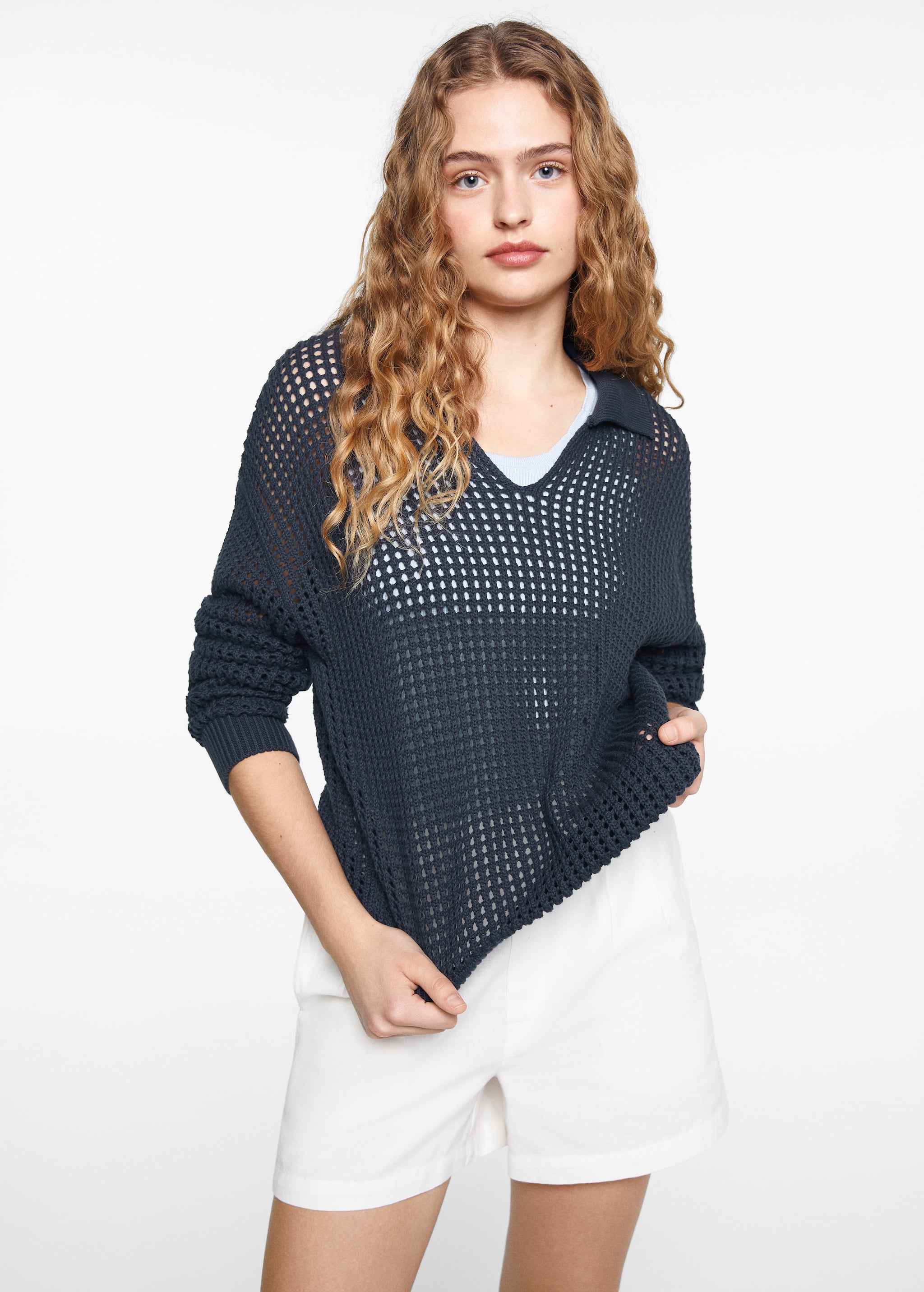 Pull-over maille ajourée col polo - Plan moyen