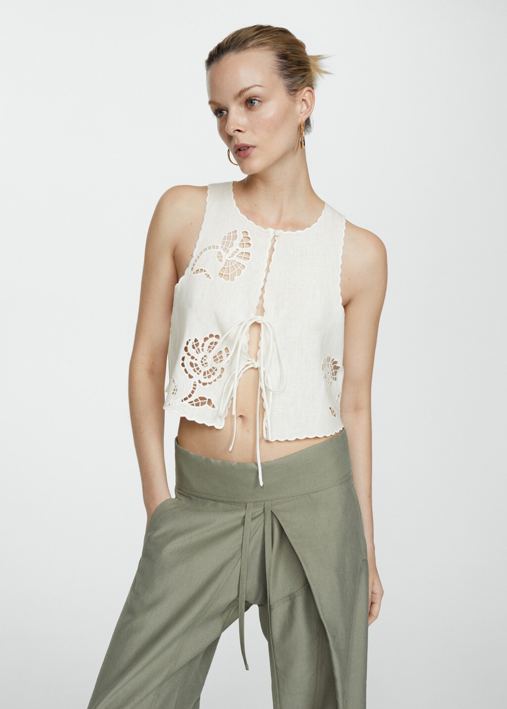 Openwork detail linen top Women MANGO Lebanon