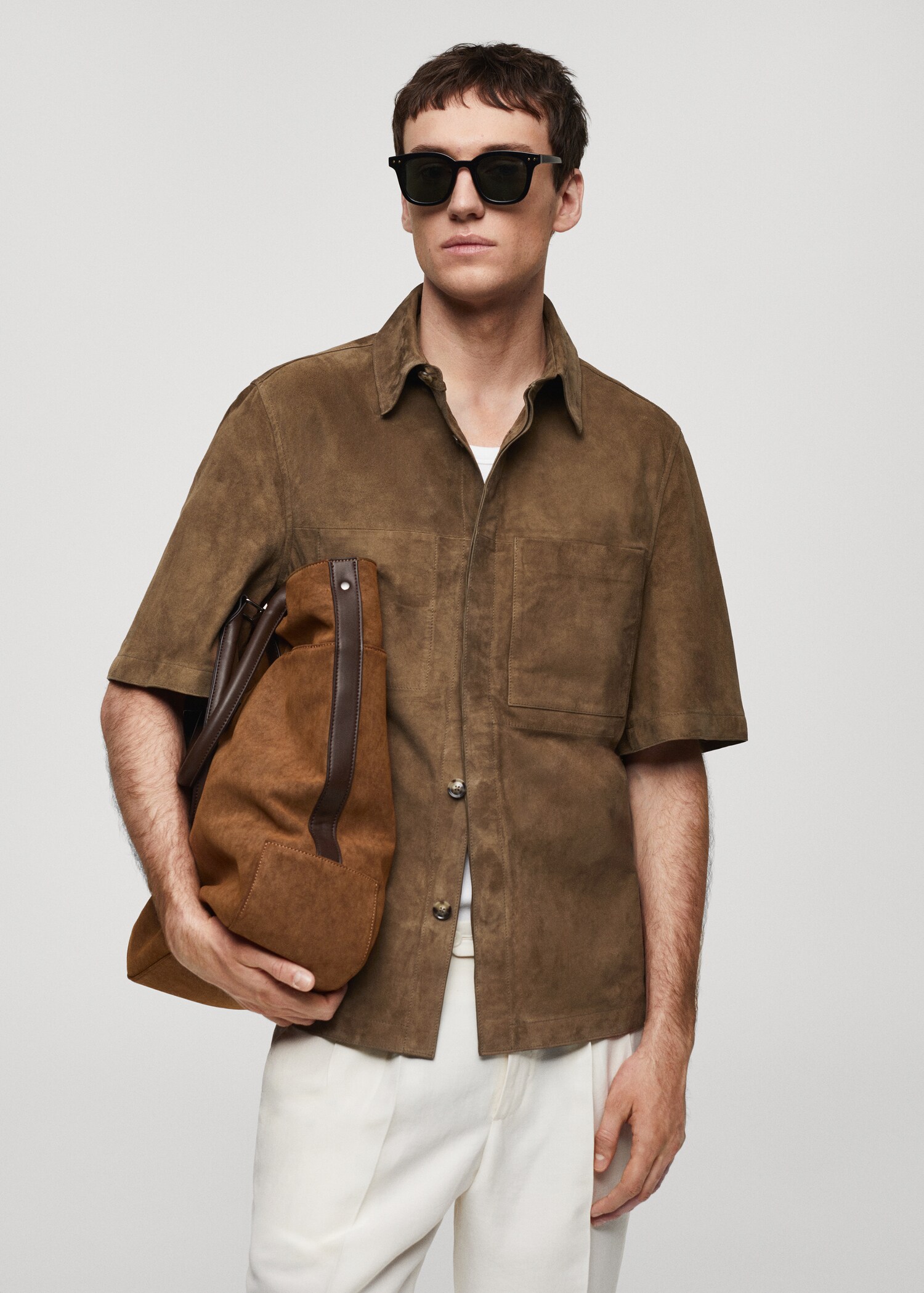 Overshirt with 100% suede leather pocket - Medium plane