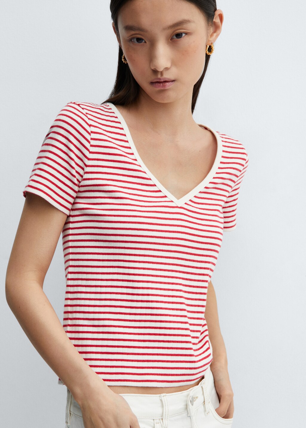 Women's V-neck Striped Loose Long-sleeved T-shirt Top main image 0