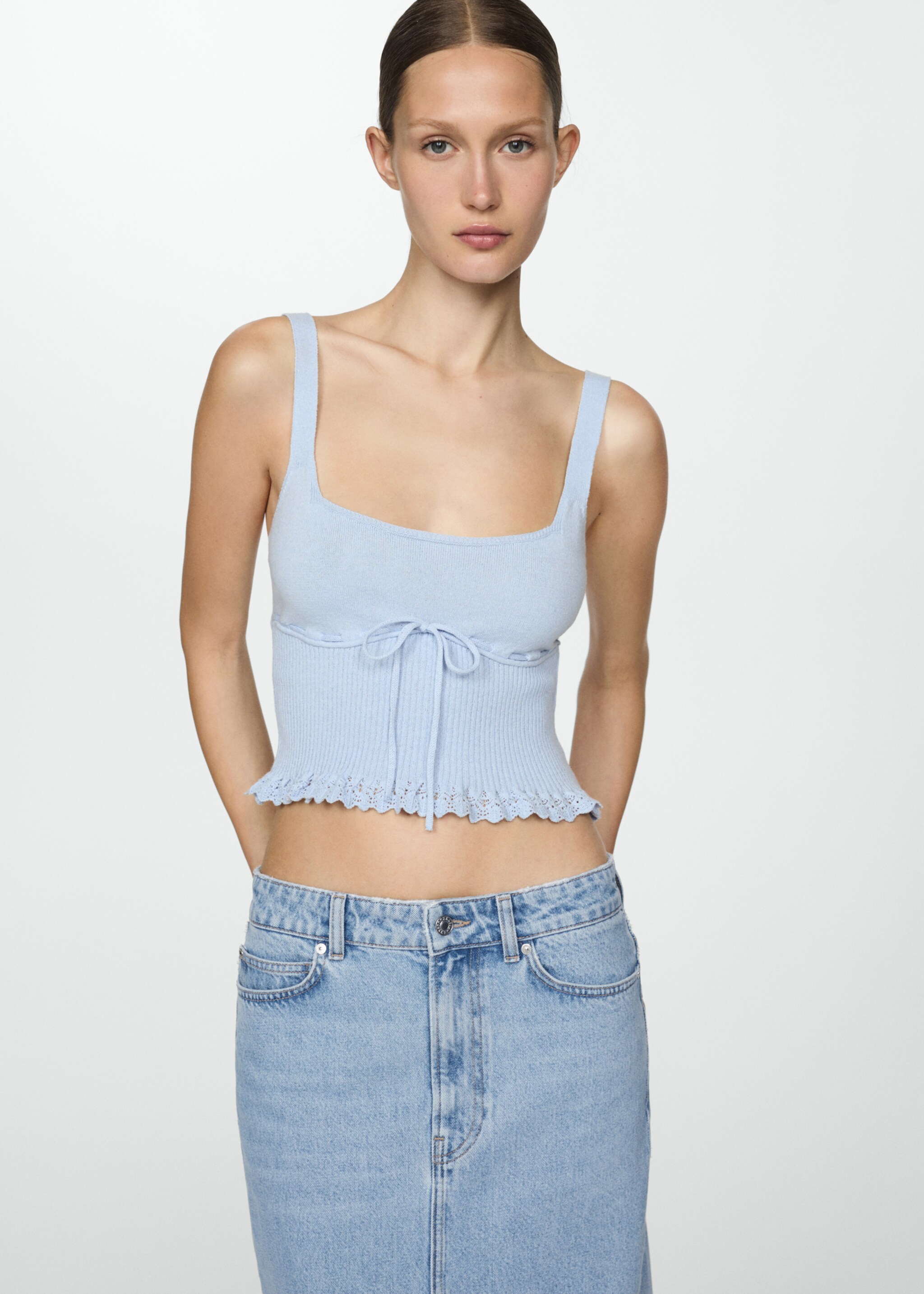 Denim skirt with frayed hem - Details of the article 1, Light Blue. Ref: 67087139-00.