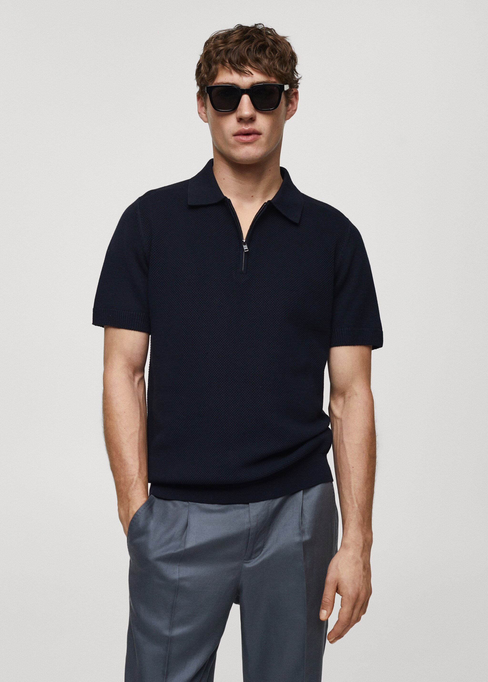 Cotton-knit polo shirt with zip - Medium plane