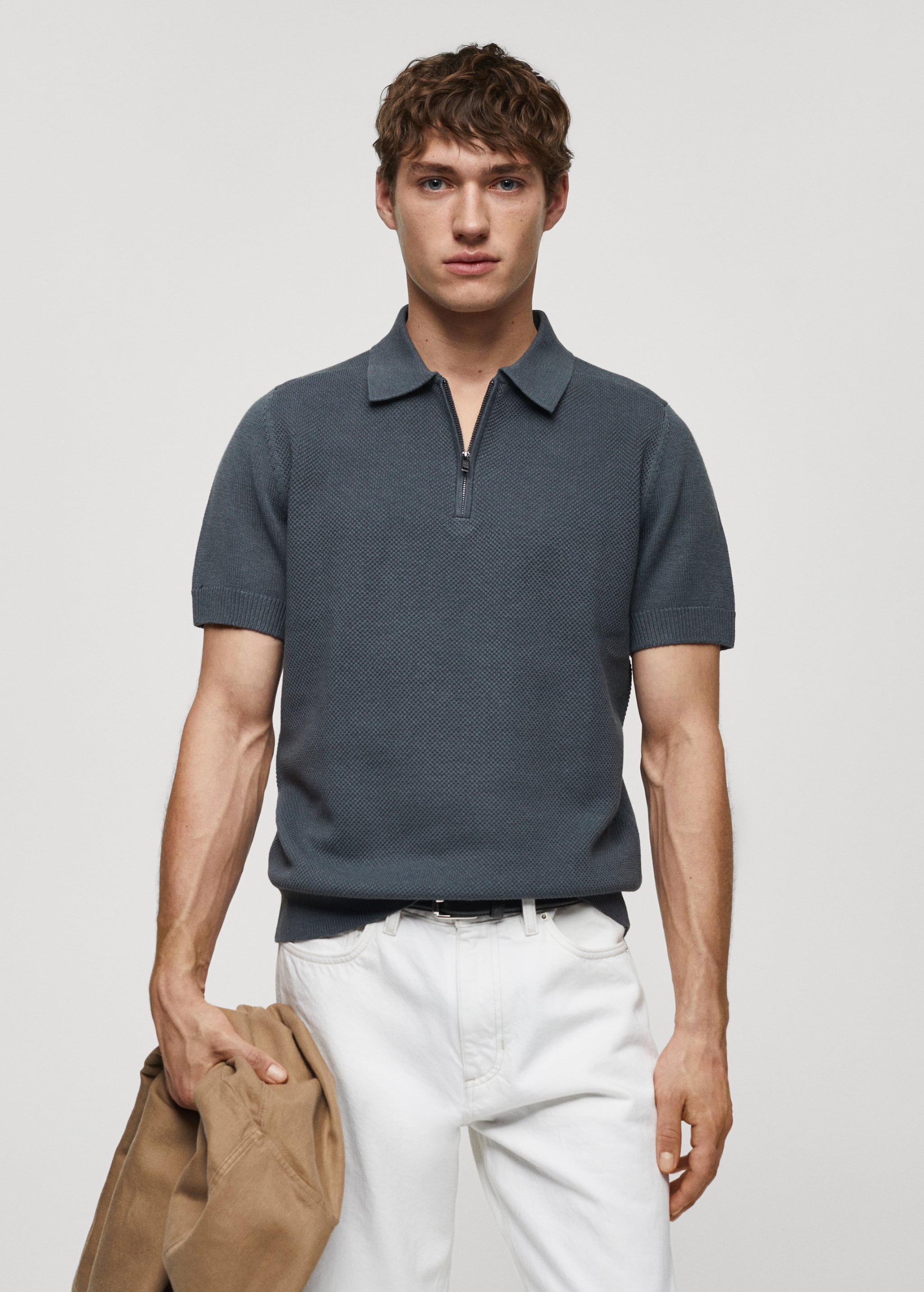 Cotton-knit polo shirt with zip - Medium plane