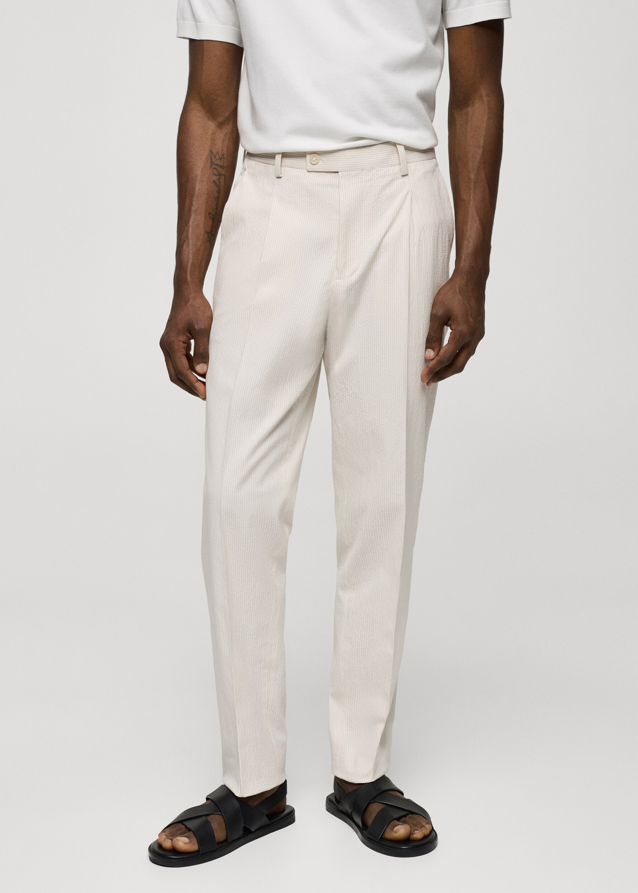 Pantalon costume slim-fit coton seersucker rayures - Plan moyen