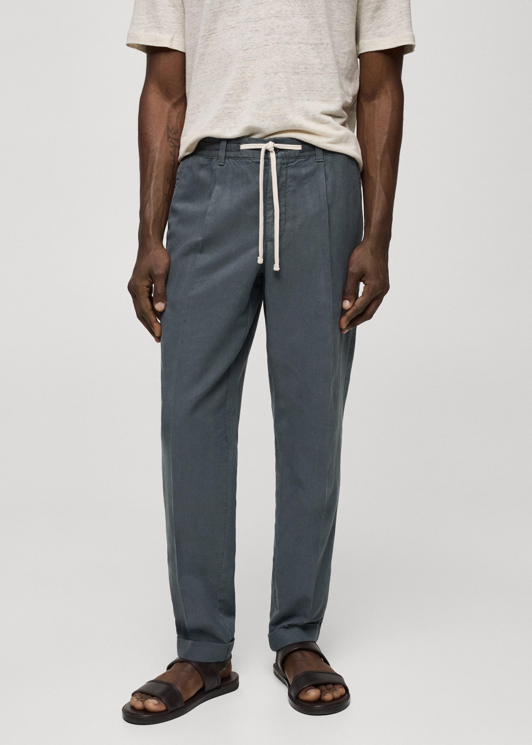 Linen-blend slim-fit trousers with drawstring - Medium plane