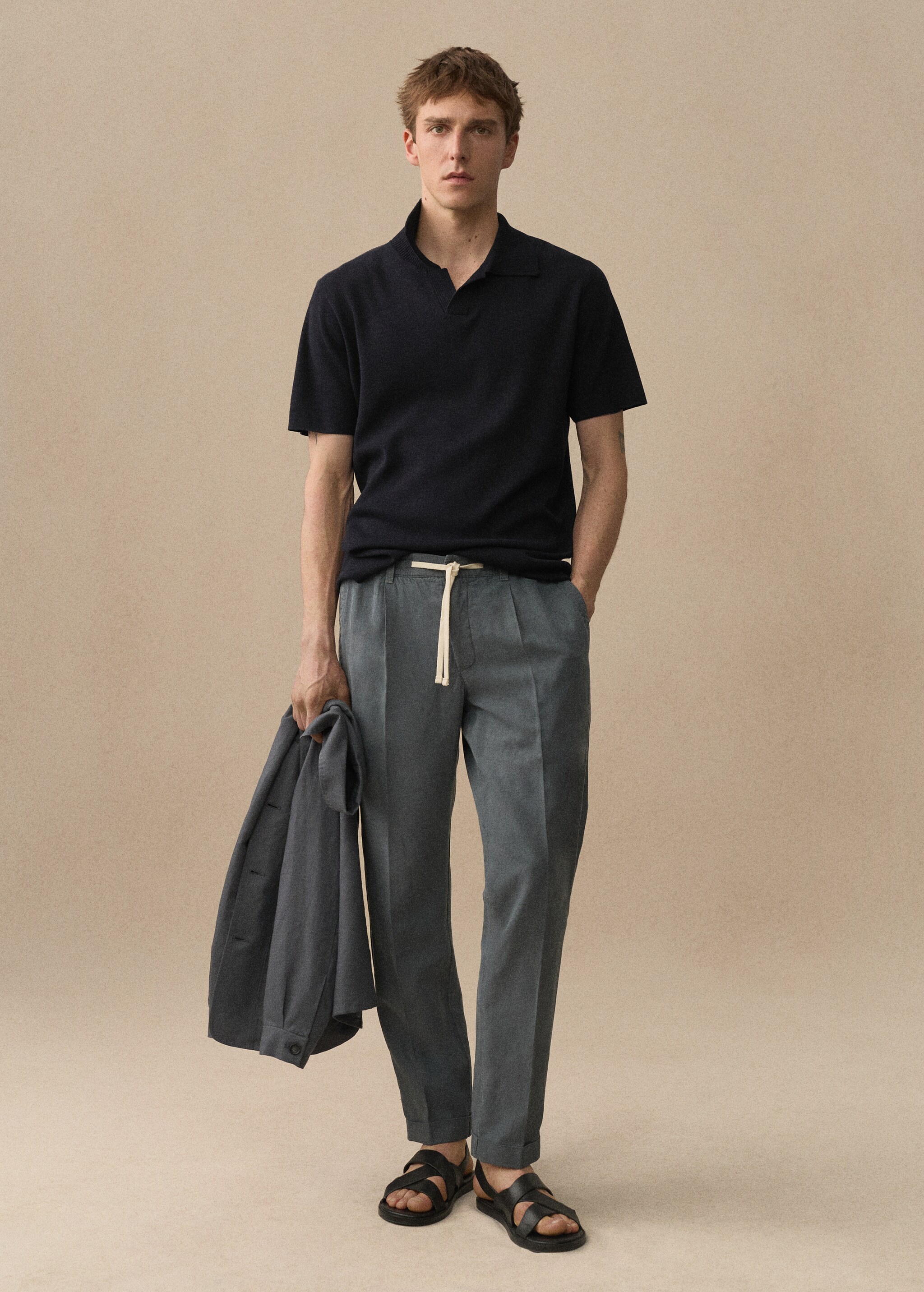 Linen-blend slim-fit trousers with drawstring - Details of the article 5