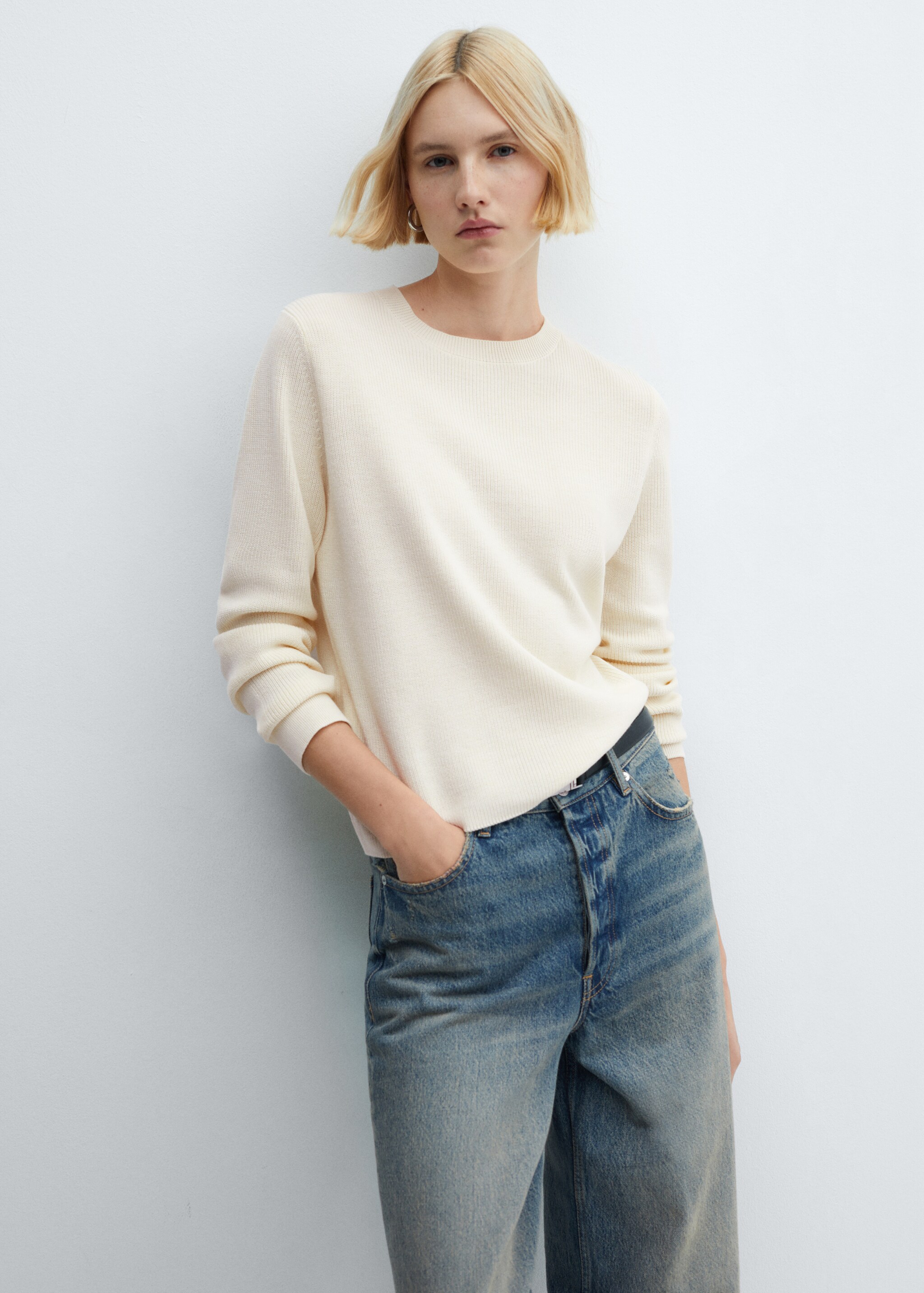 Cotton-linen round-neck knitted sweater - Medium plane