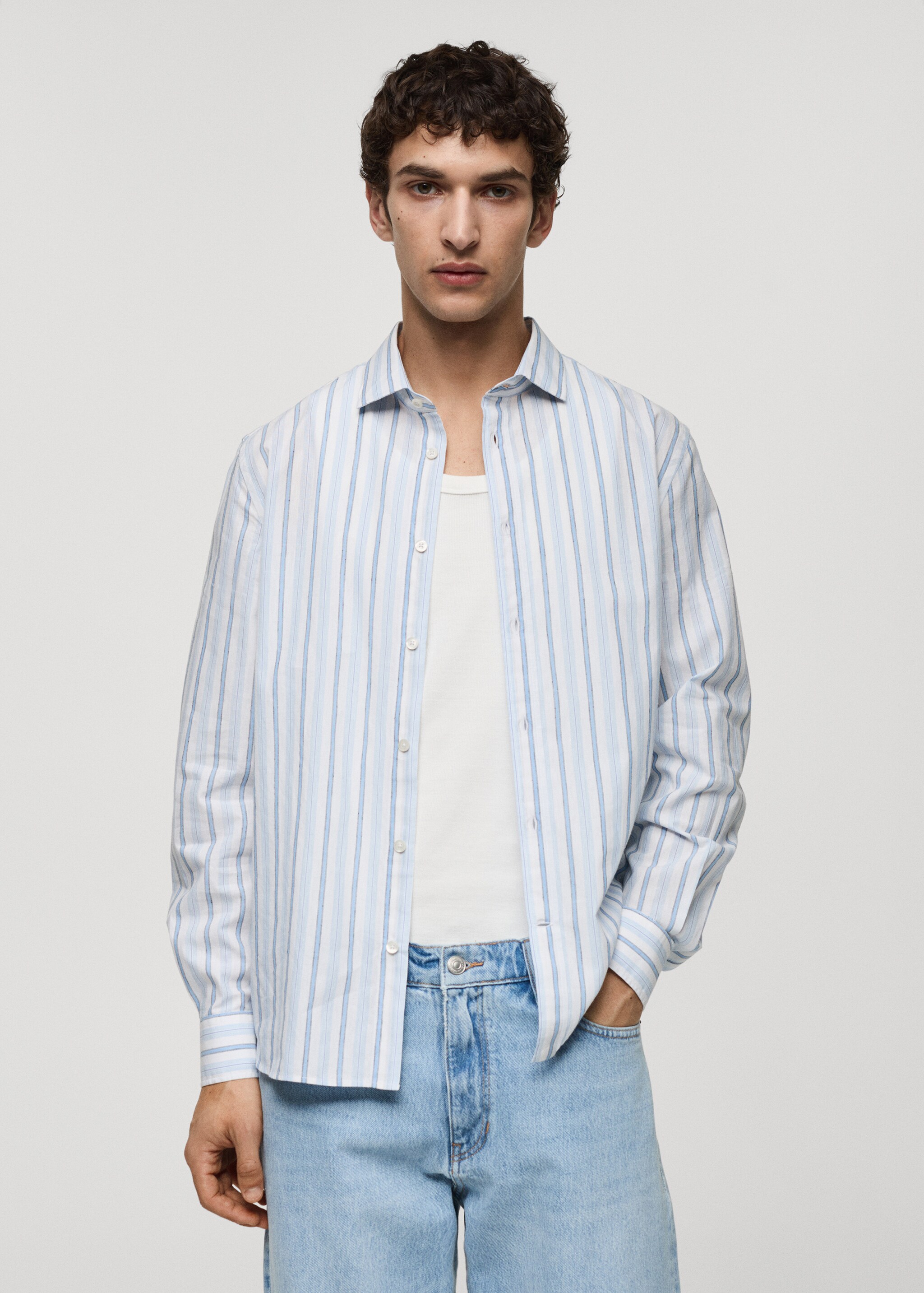 Camisa classic fit algodón lino rayas rústico - Plano medio