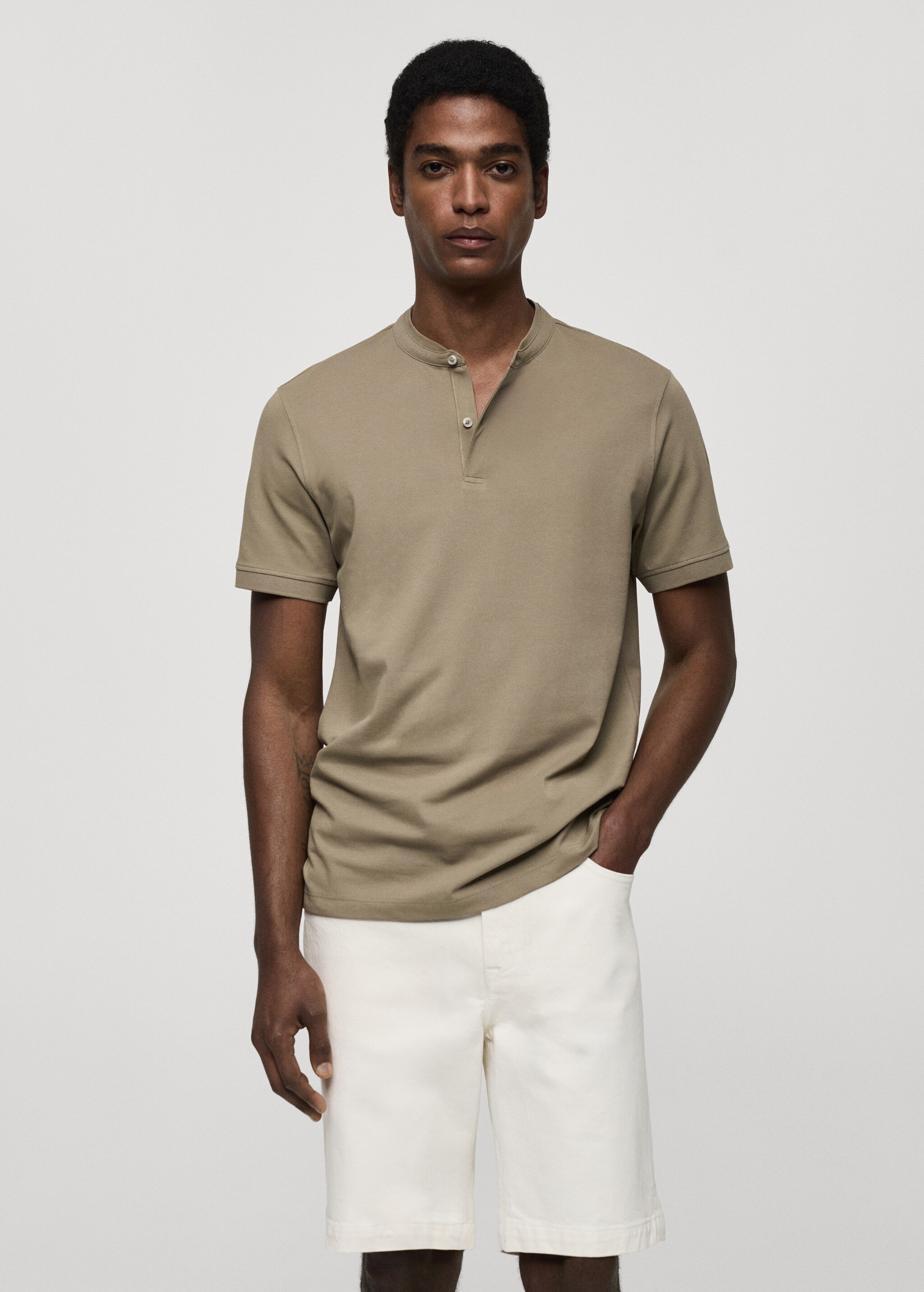Cotton pique polo shirt with mao collar - Medium plane
