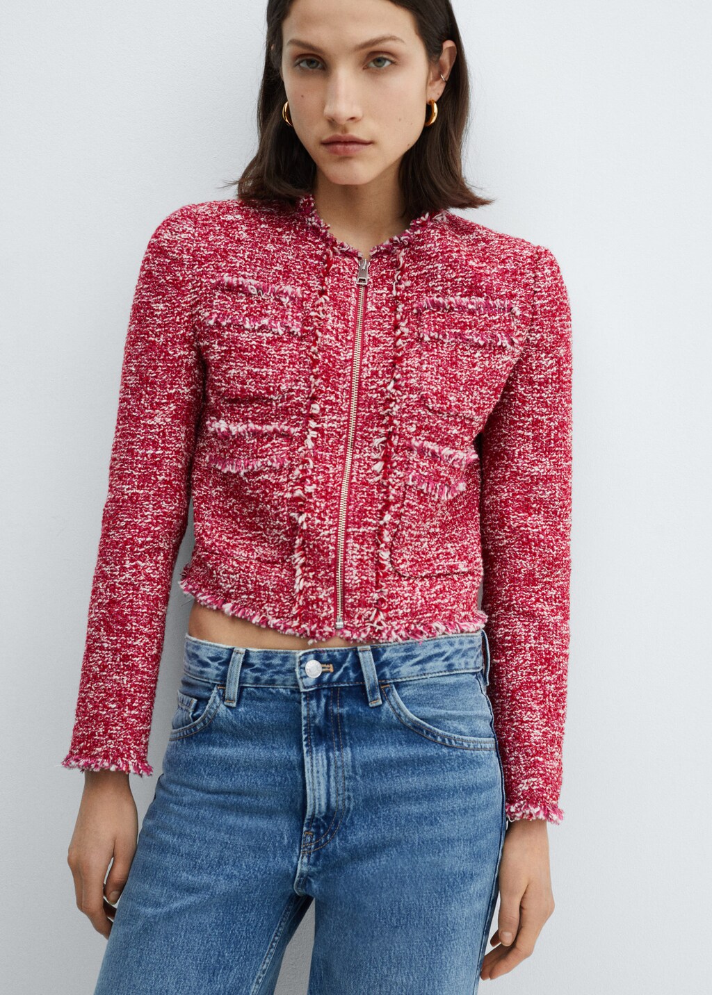 Tweed Pockets Zipper Warm Jacket