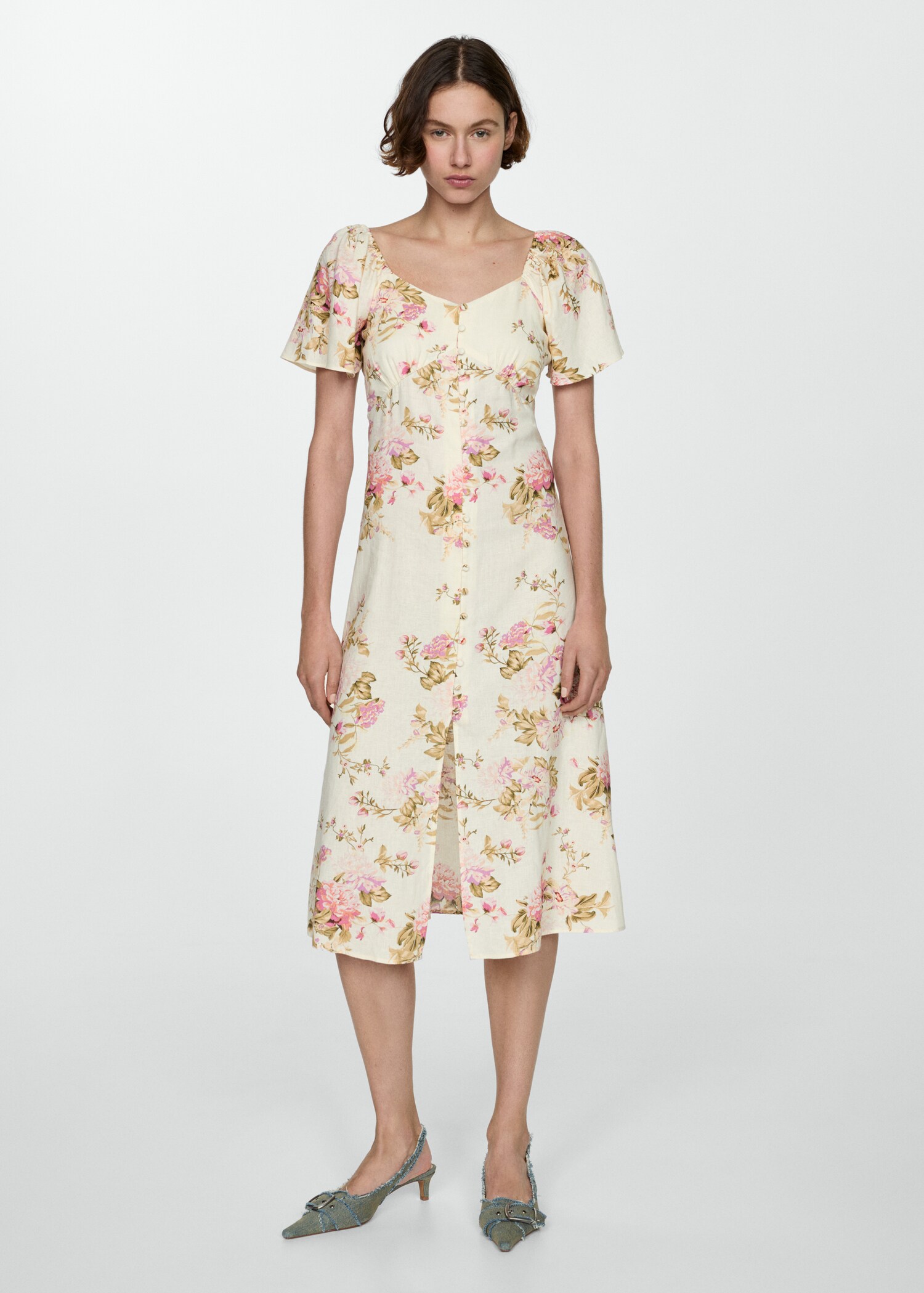 Buttoned linen-blend dress - General plane