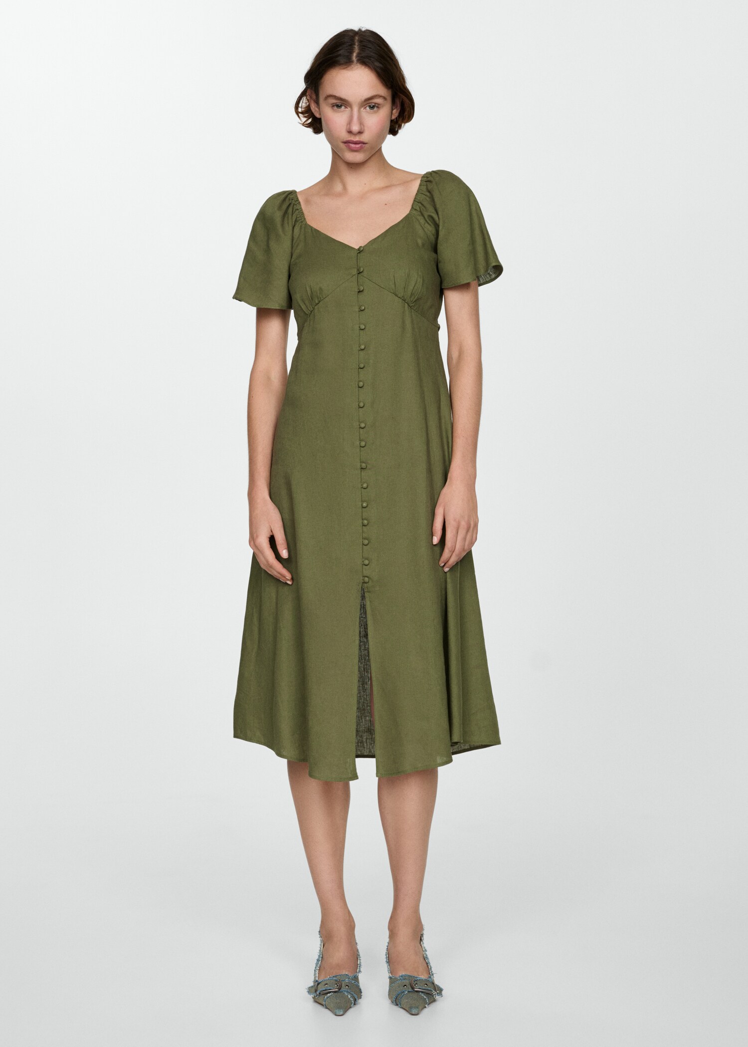 Buttoned linen-blend dress - General plane