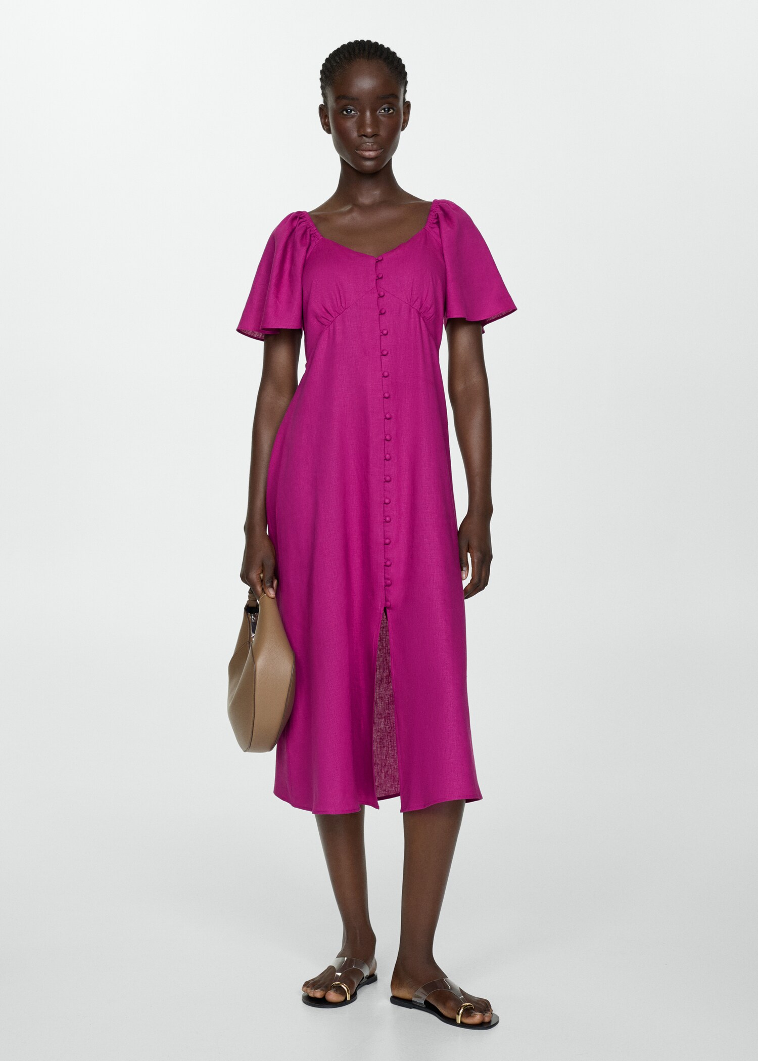 Buttoned linen-blend dress - General plane