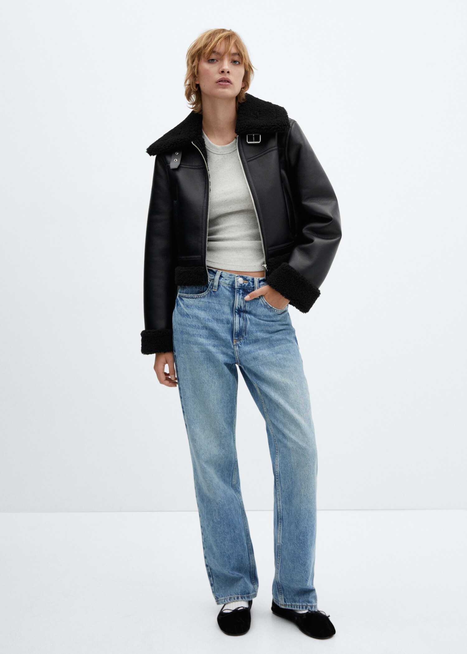 Faux shearling-lined biker jacket - General plane