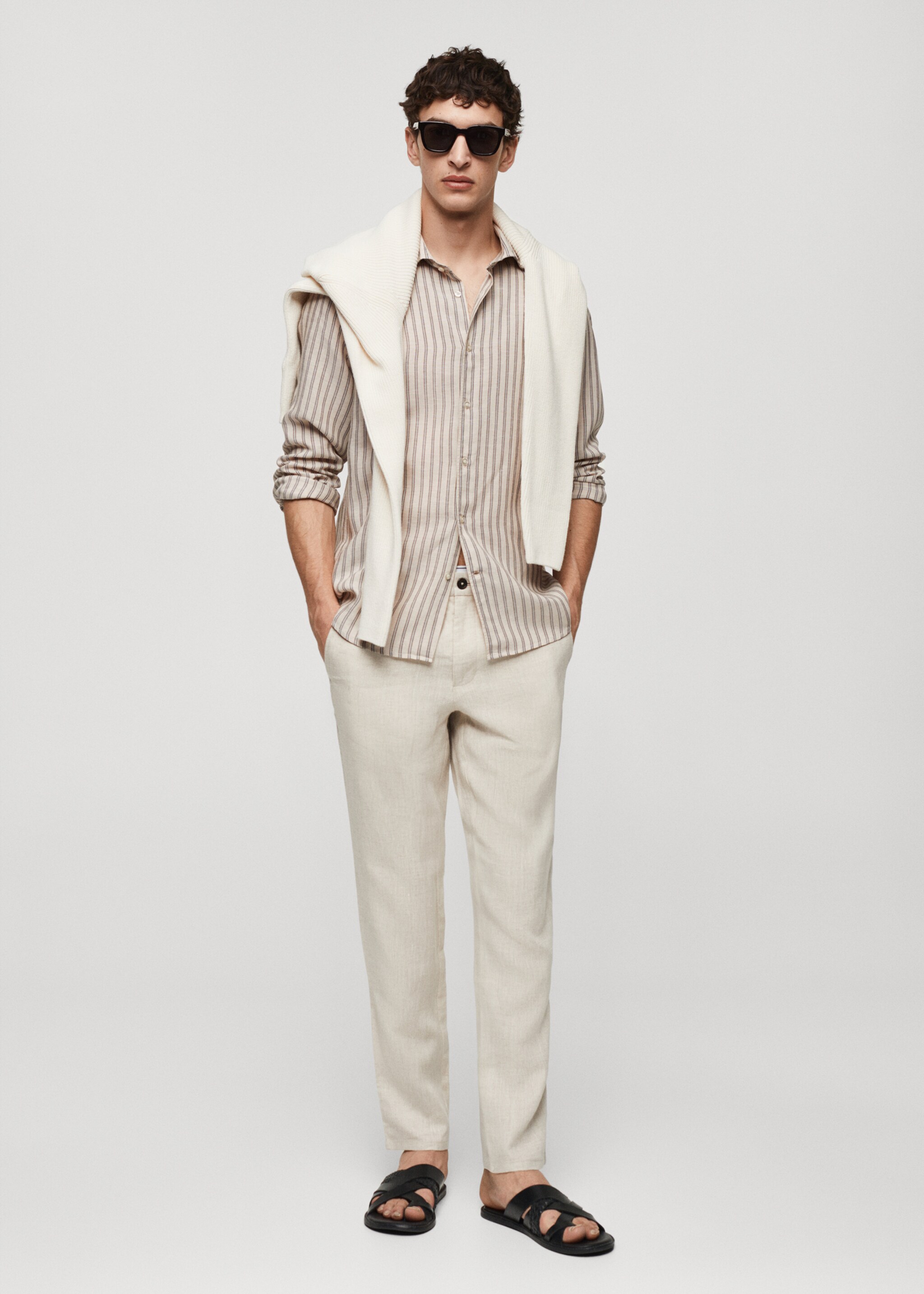 리넨 텐셀 혼방 스트라이프 셔츠 - 일반 평면도, 베이지. Ref: 67056313-00.