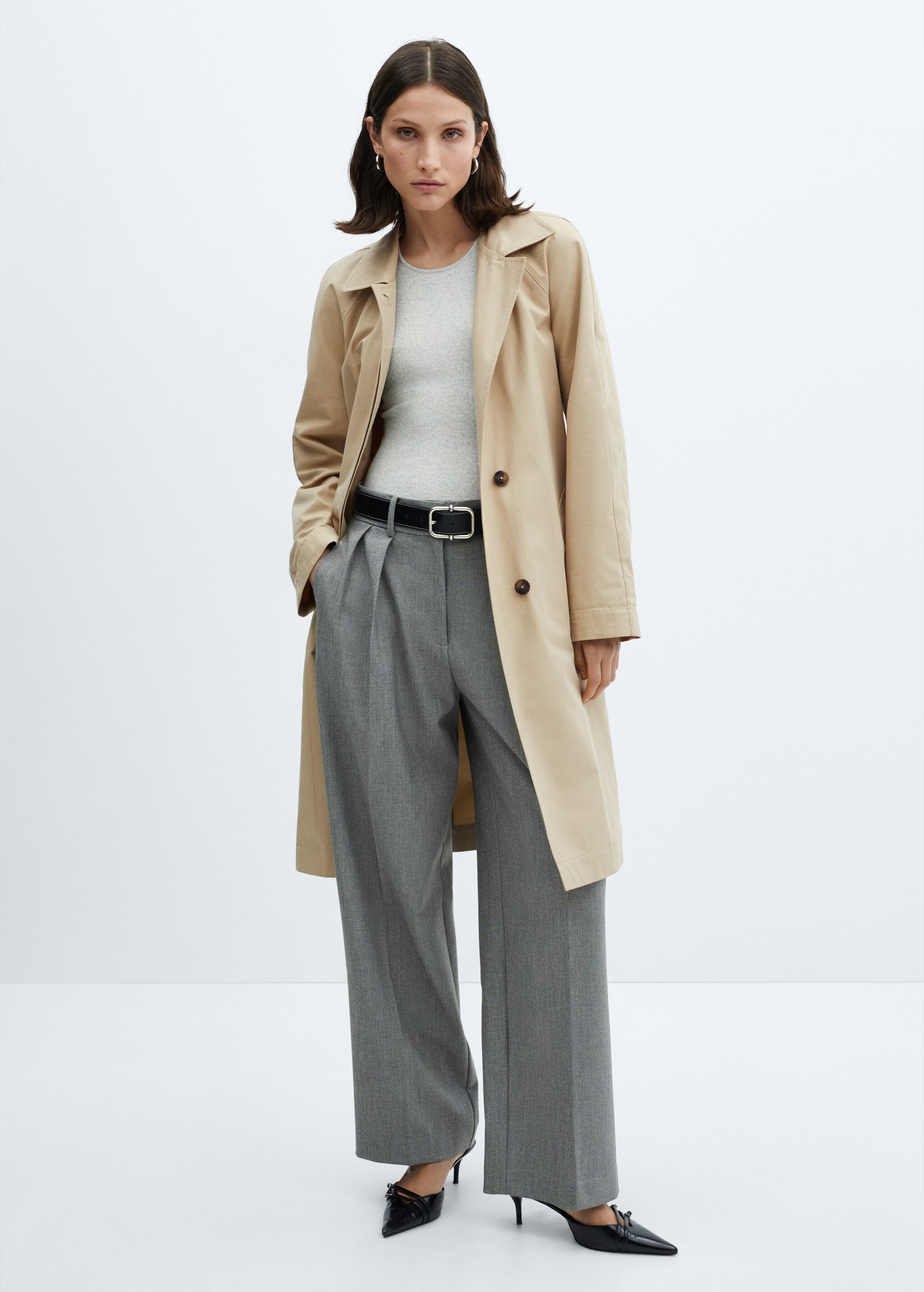 Cotton trench coat with belt - General plane