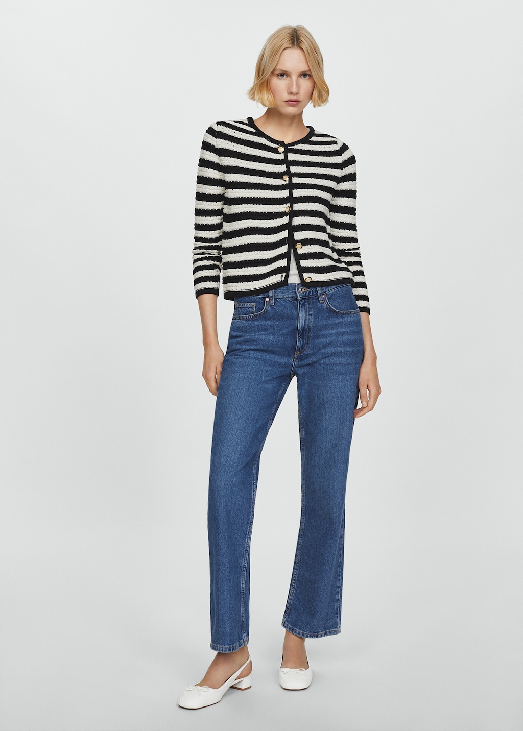 MANGO Striped cardigan with jewel buttons off White S Woman