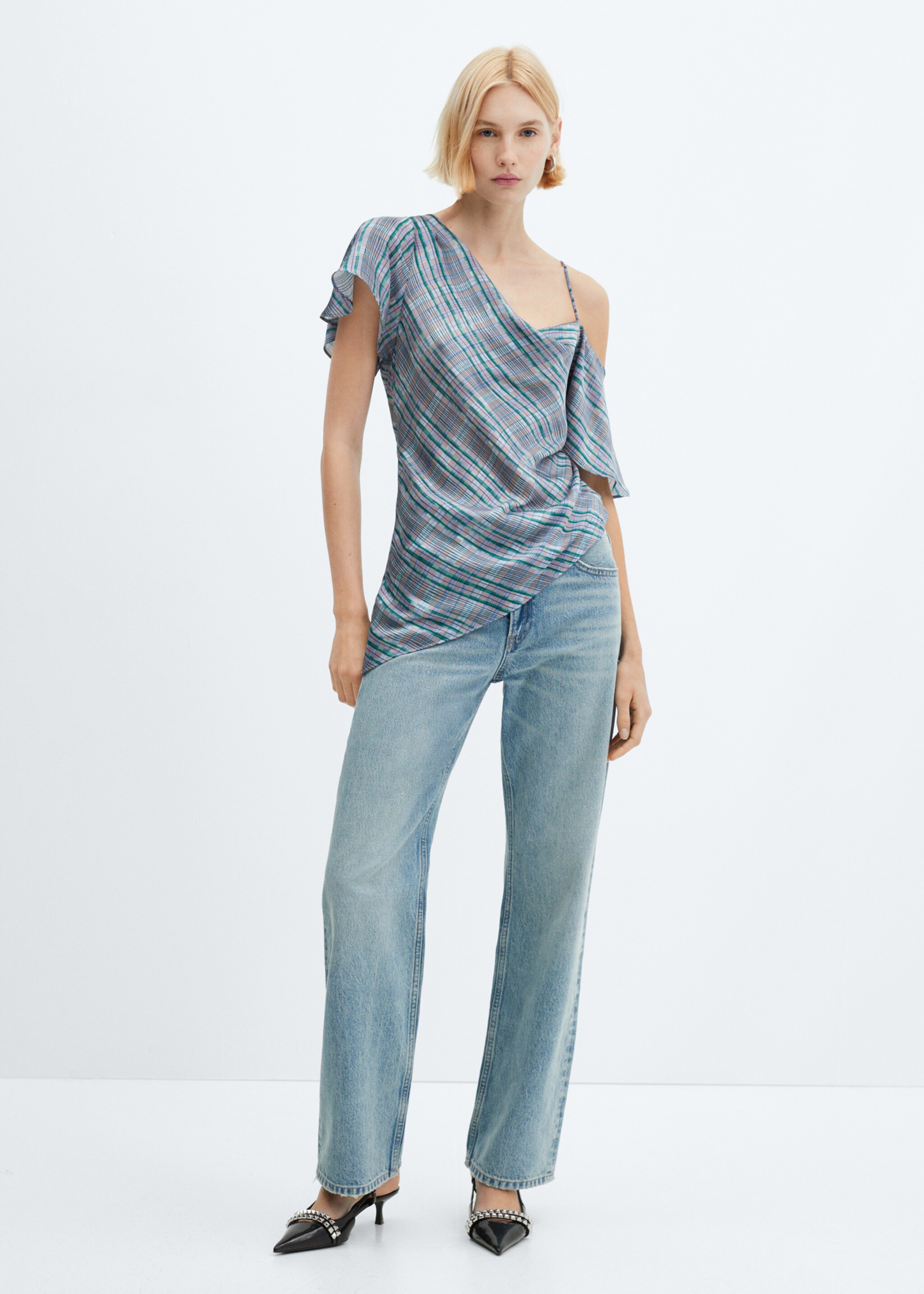 Asymmetrical satin check blouse - General plane, Blue. Ref: 67065754-00.