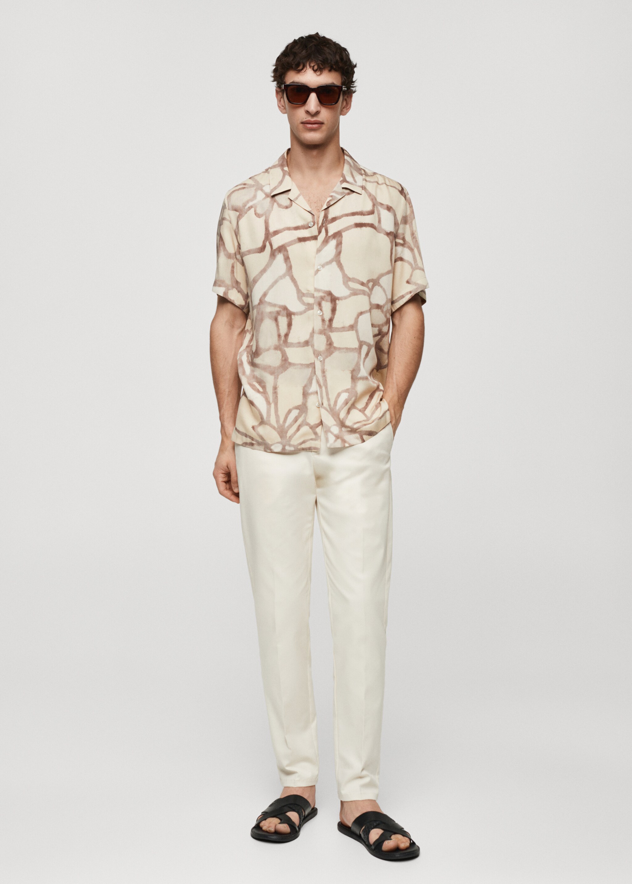볼링 칼라 프린트 플로잉 셔츠 - 일반 평면도, 베이지. Ref: 67066313-00.