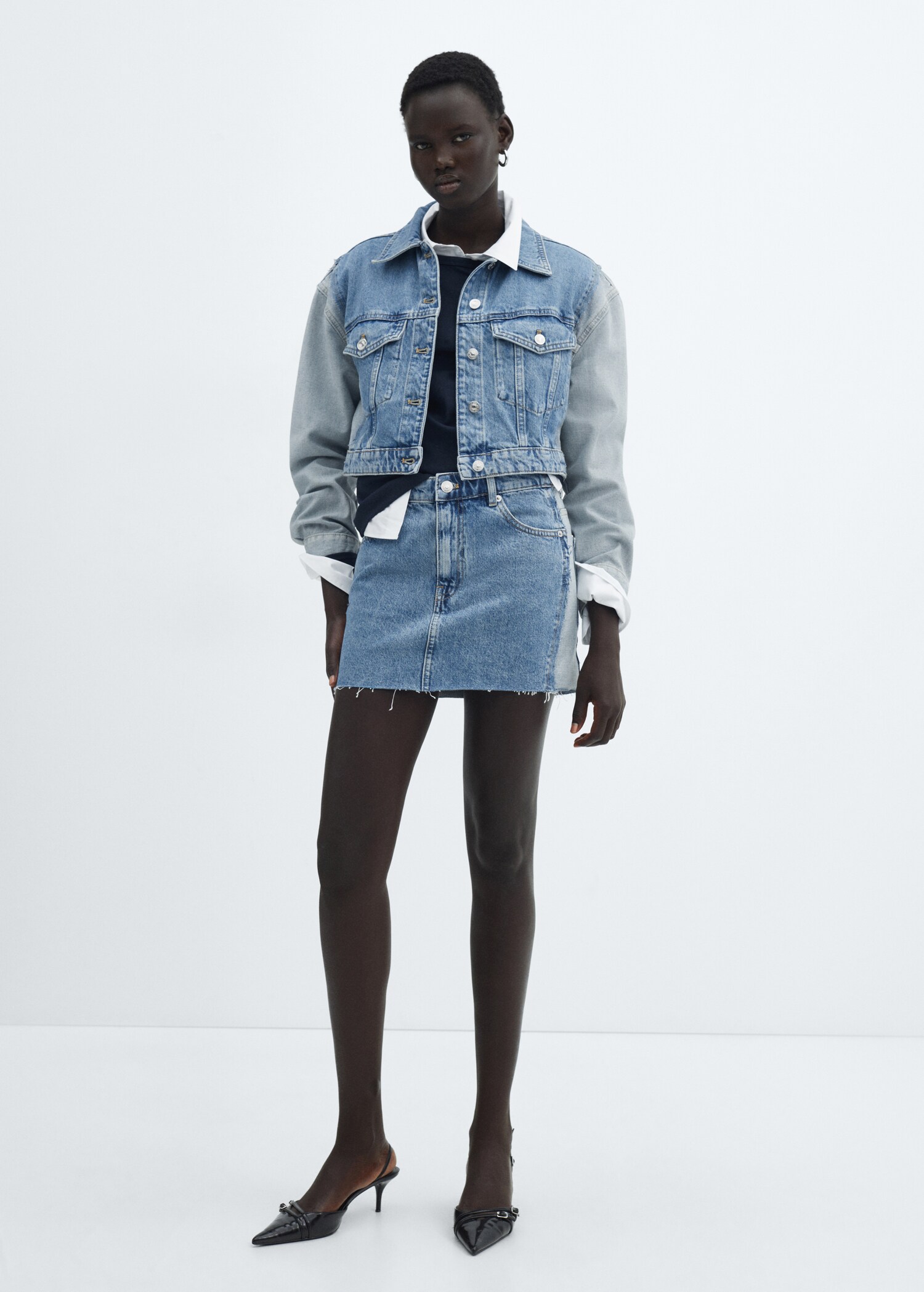 Τζάκετ denim crop δίχρωμο - Γενικό πλάνο