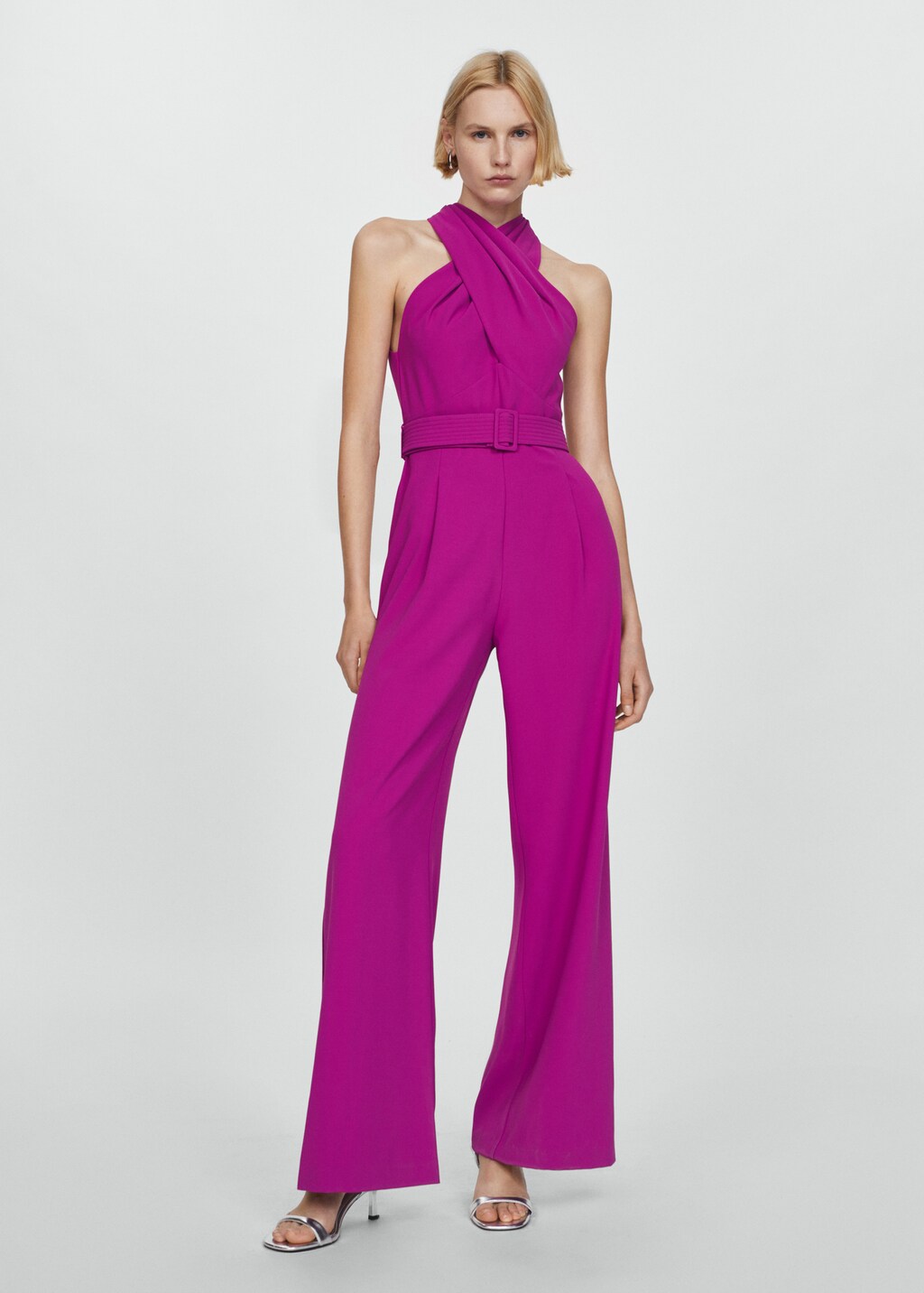 Jumpsuit with crossed neck and belt - Woman | MANGO USA