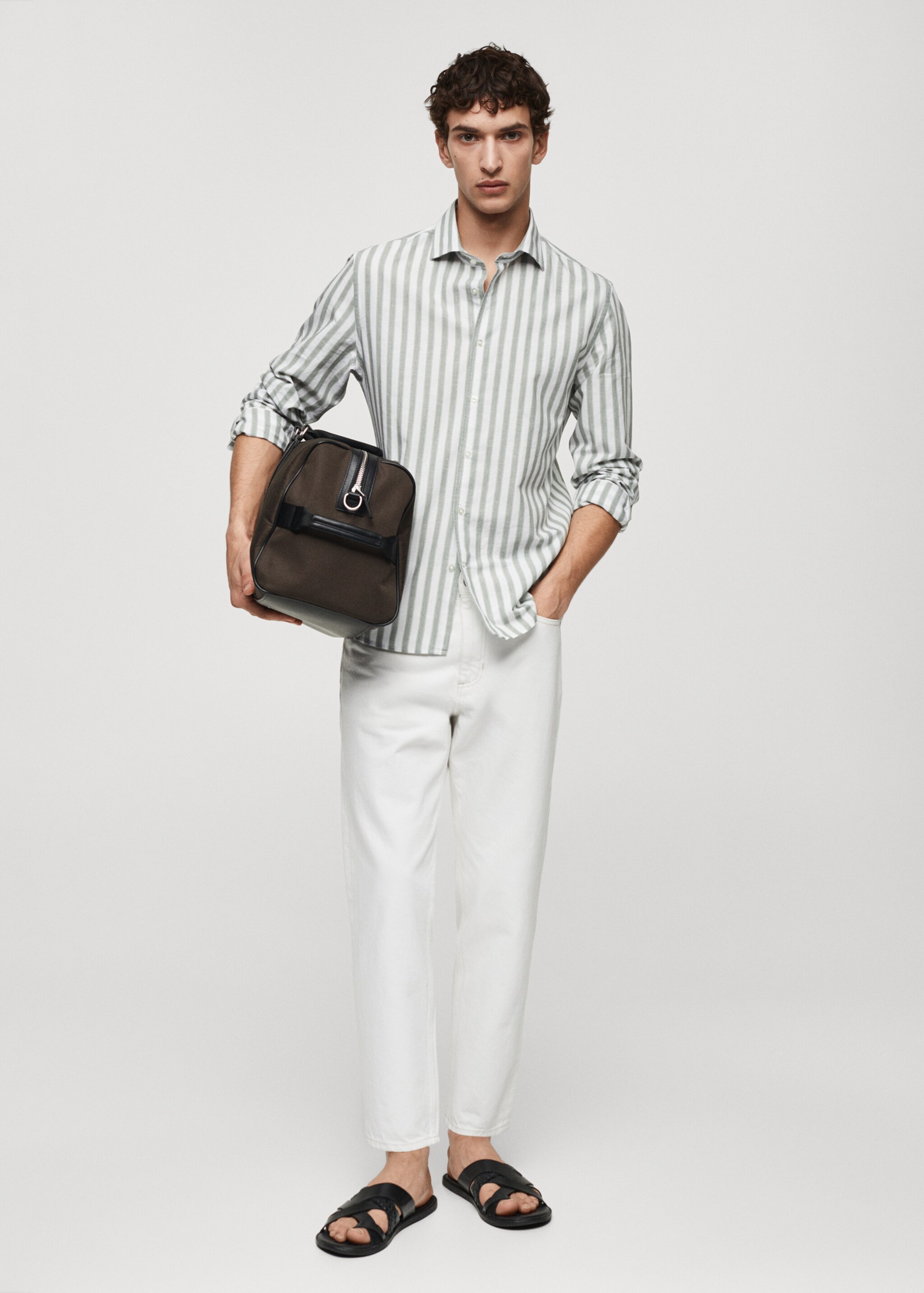 리넨 텐셀 혼방 스트라이프 셔츠 - 일반 평면도, 그린. Ref: 67076312-00.