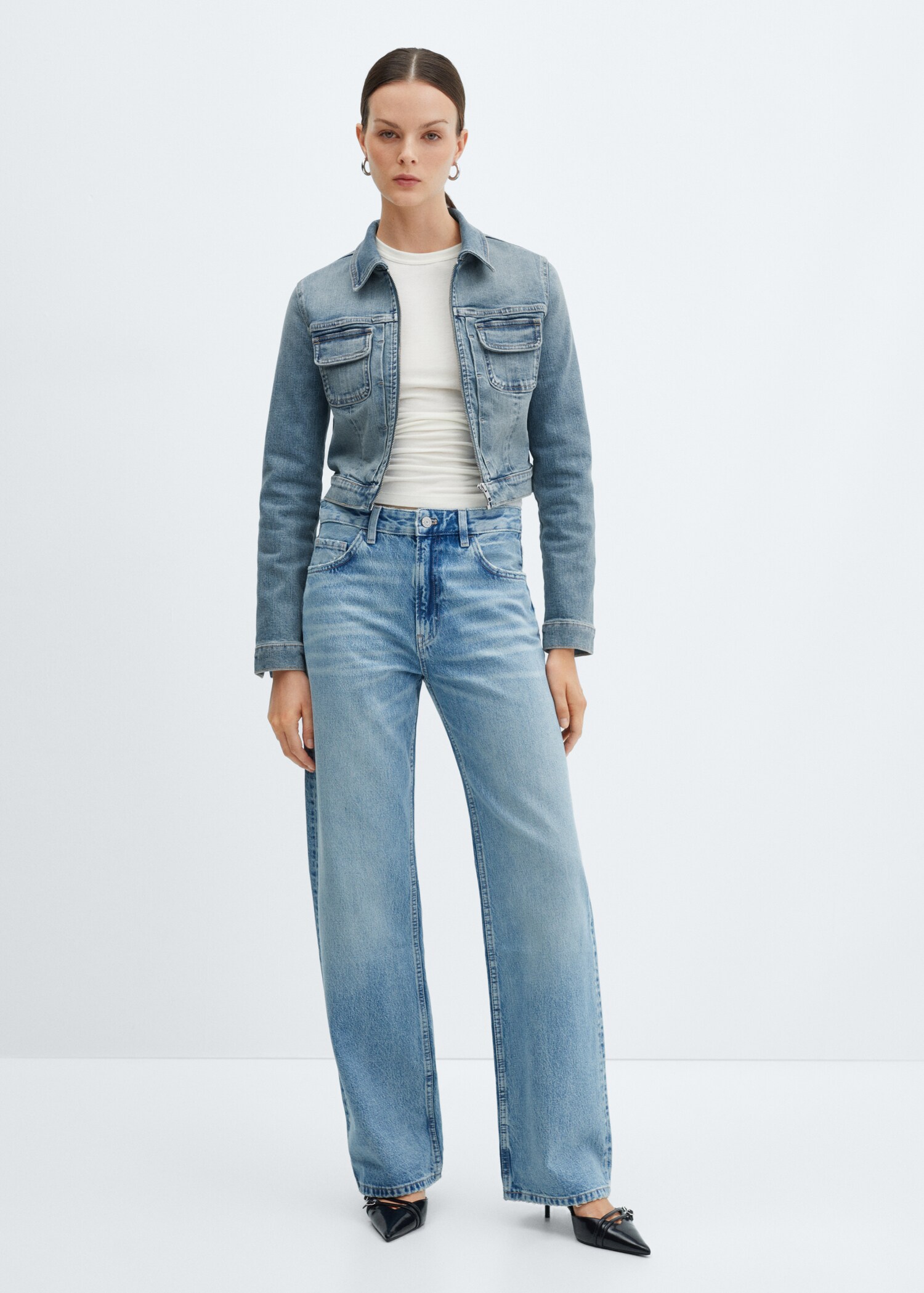 Cropped-Jeansjacke mit Reißverschluss - Damen | MANGO Deutschland
