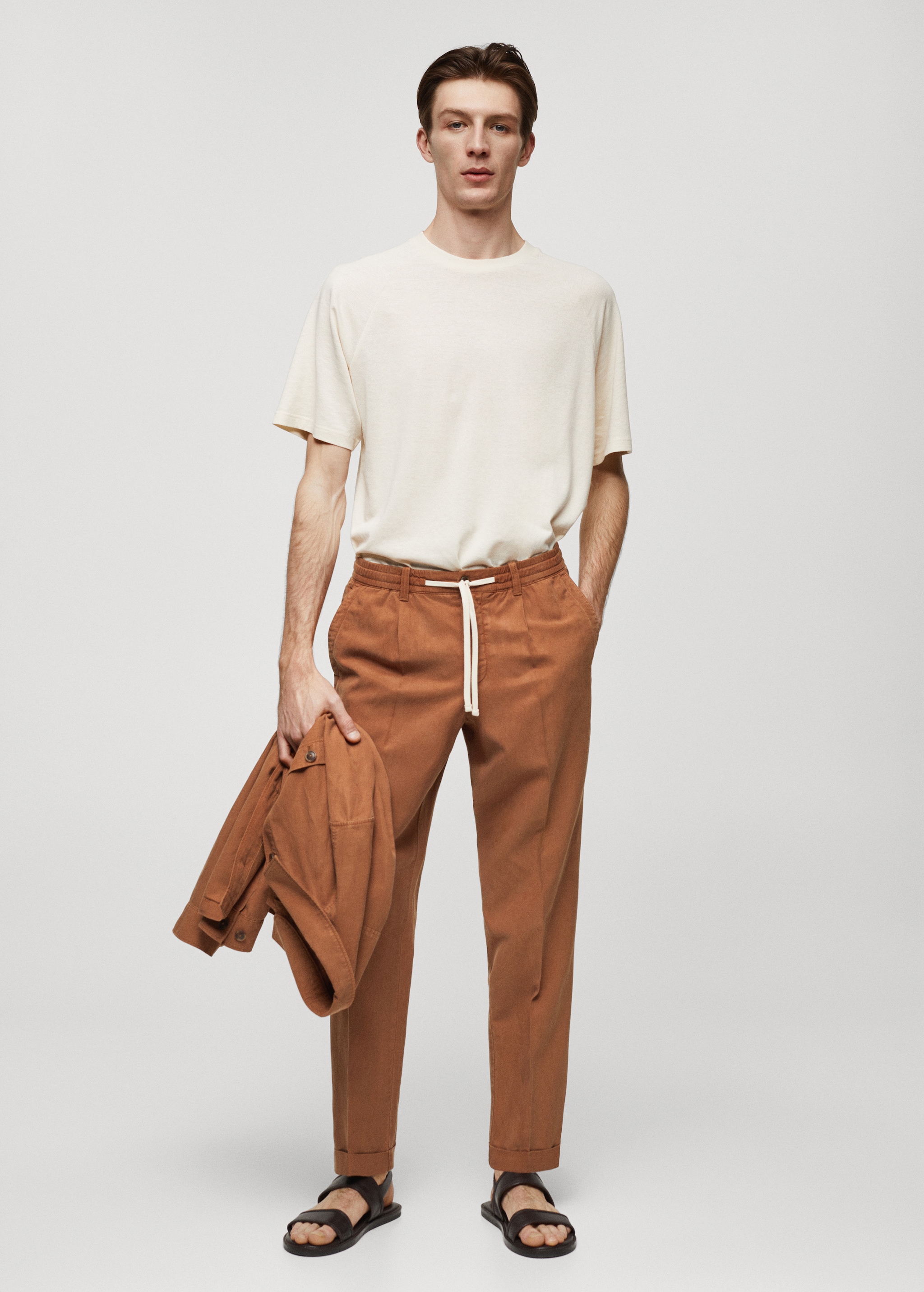Linen-blend slim-fit trousers with drawstring - General plane