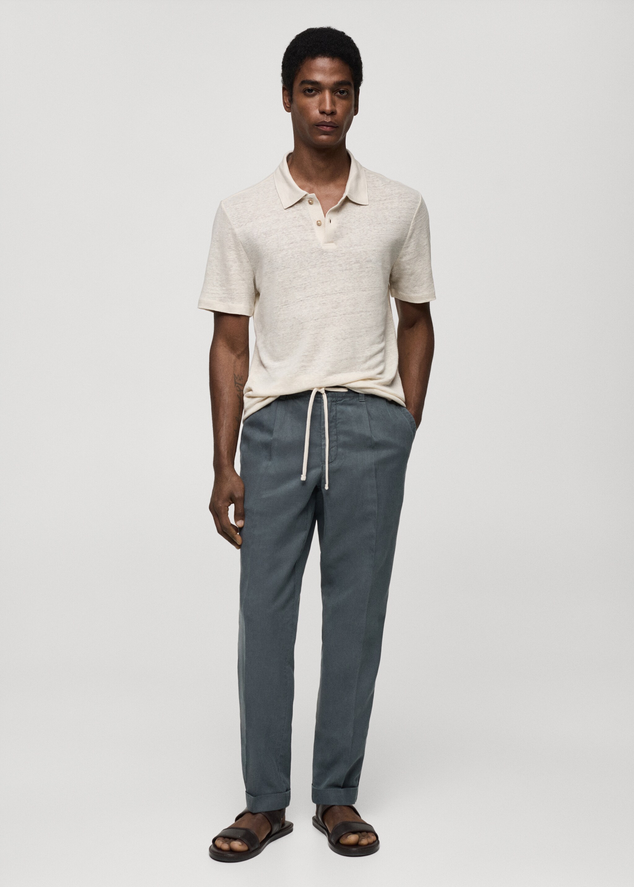 Linen-blend slim-fit trousers with drawstring - General plane