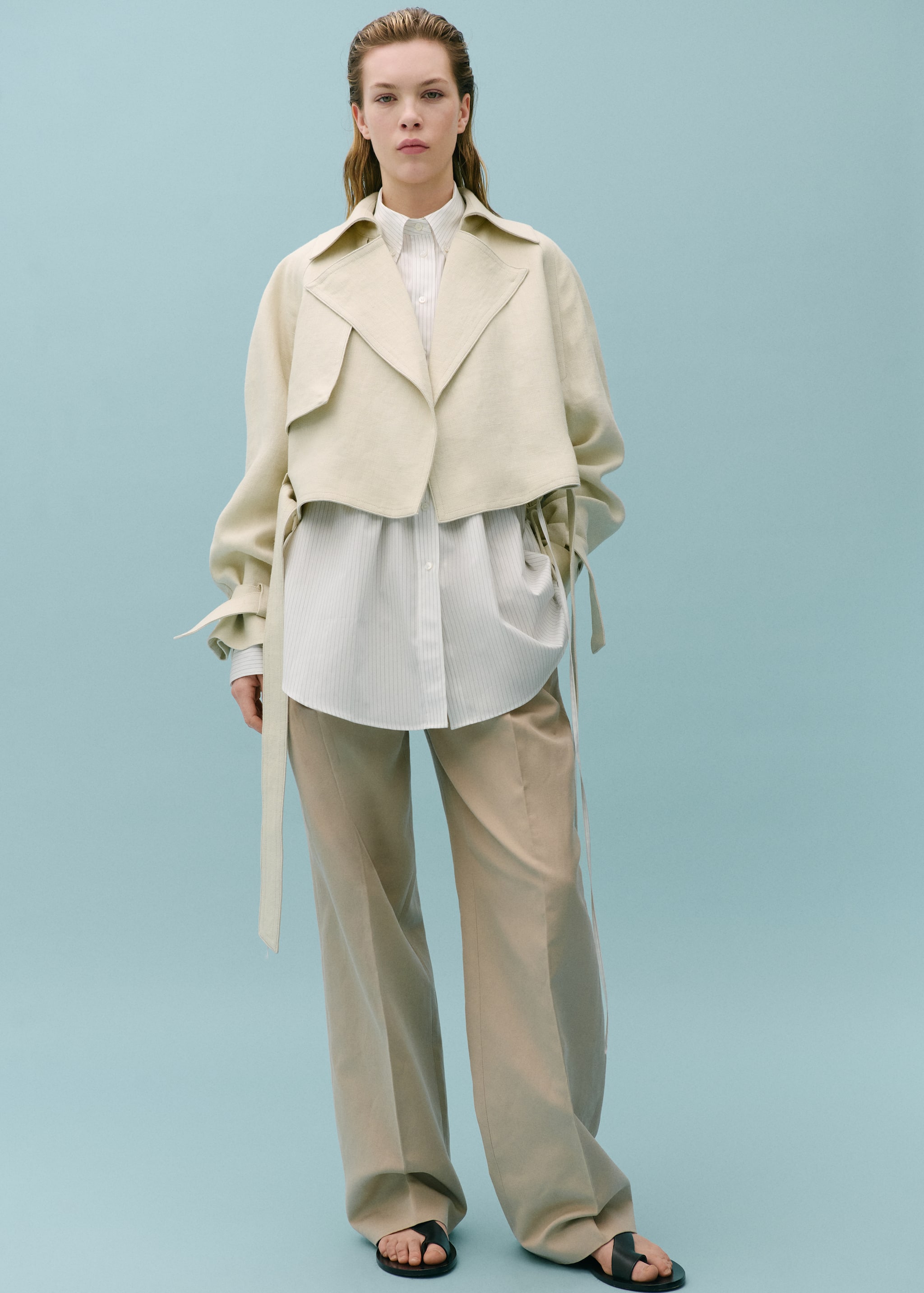 100% linen cropped trench coat - General plane