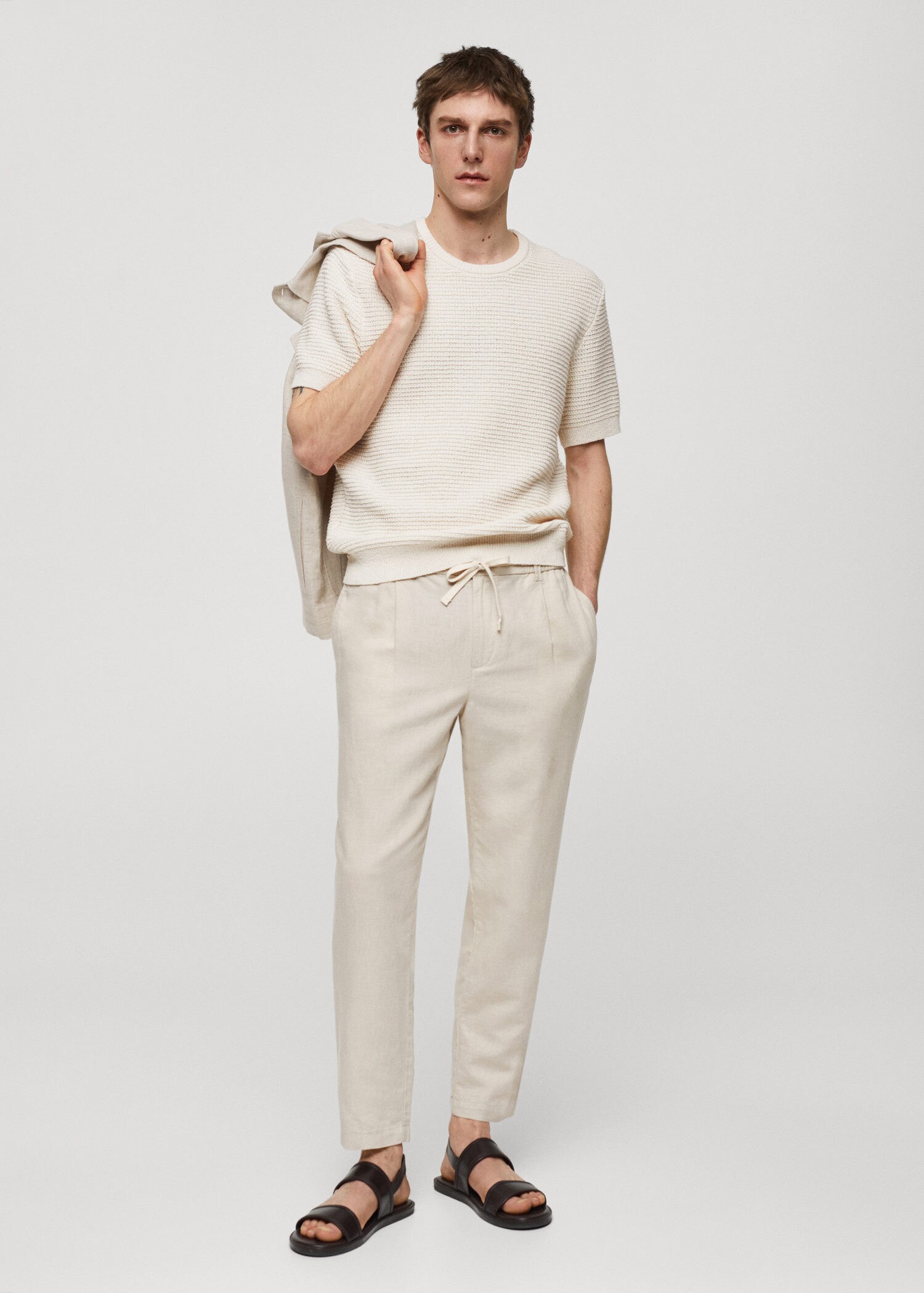 Beige Classic Fit Linen Regular Trousers (DOLINCO) | Celio
