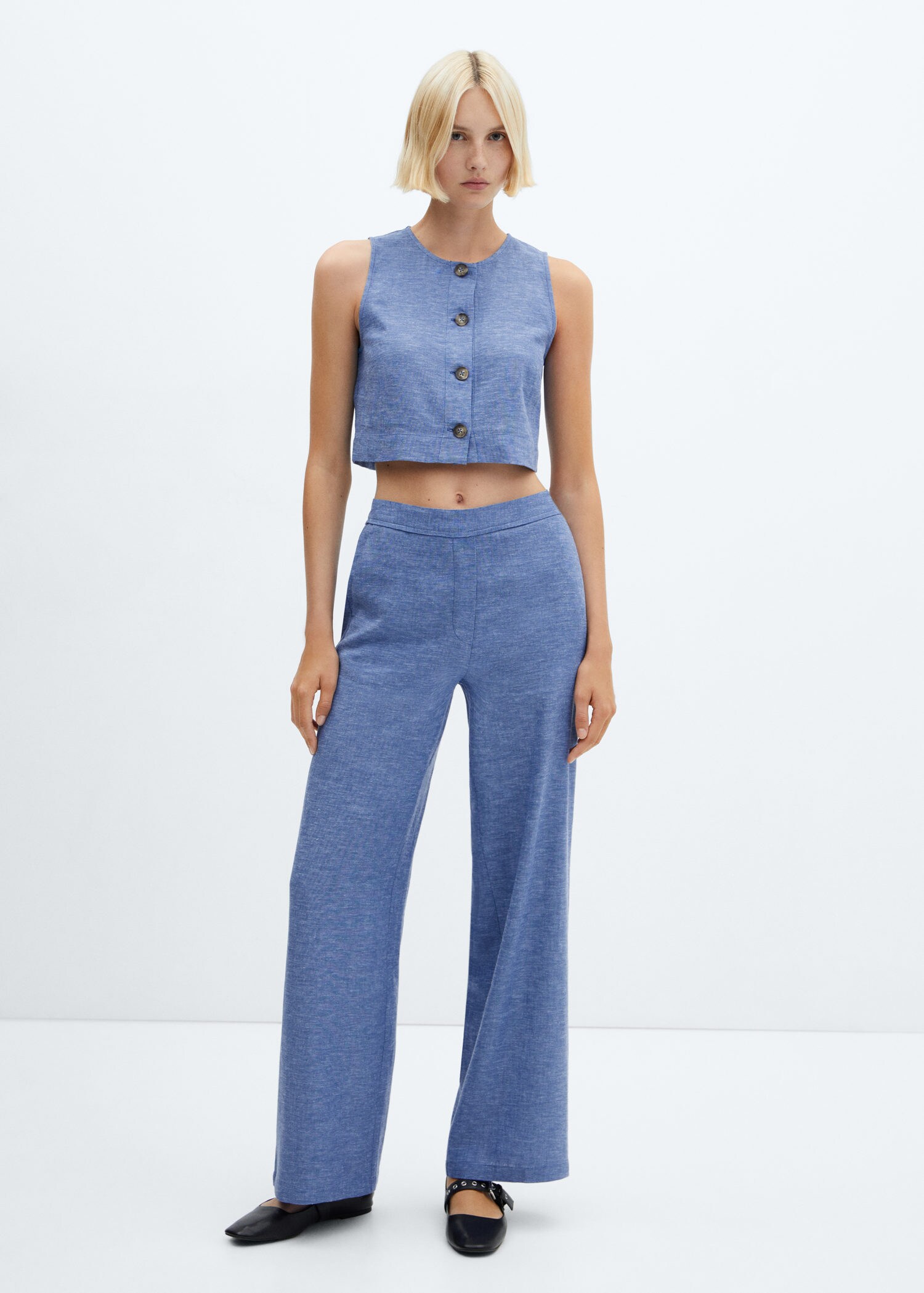 Powder Blue Embroidered Spagetti Crop Top With Flared Pant