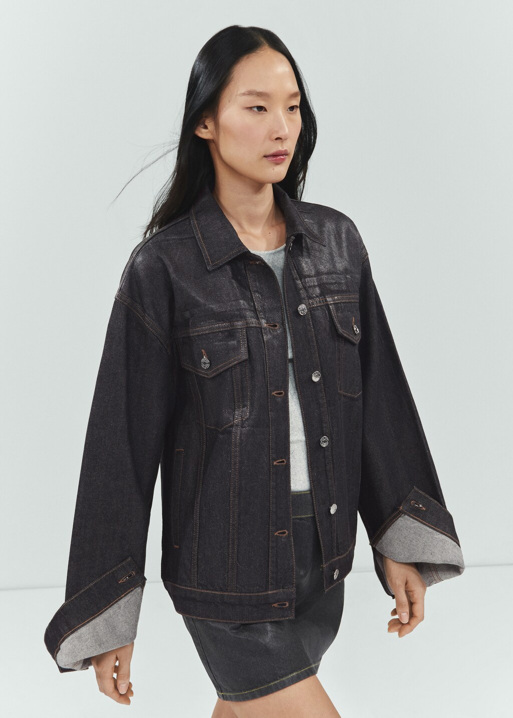 Oversized foil denim jacket Women MANGO South Korea