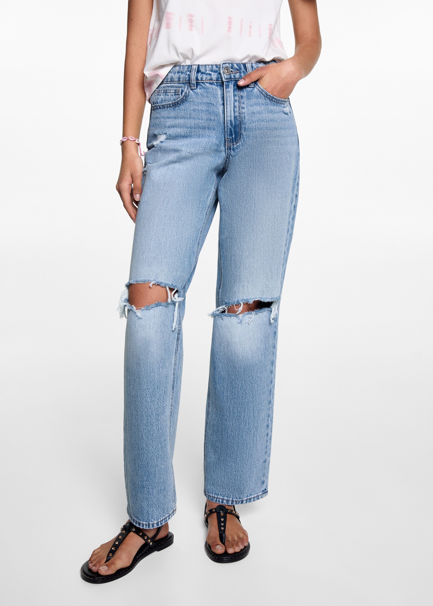 Ripped medium-waist straight jeans - Details of the article 6