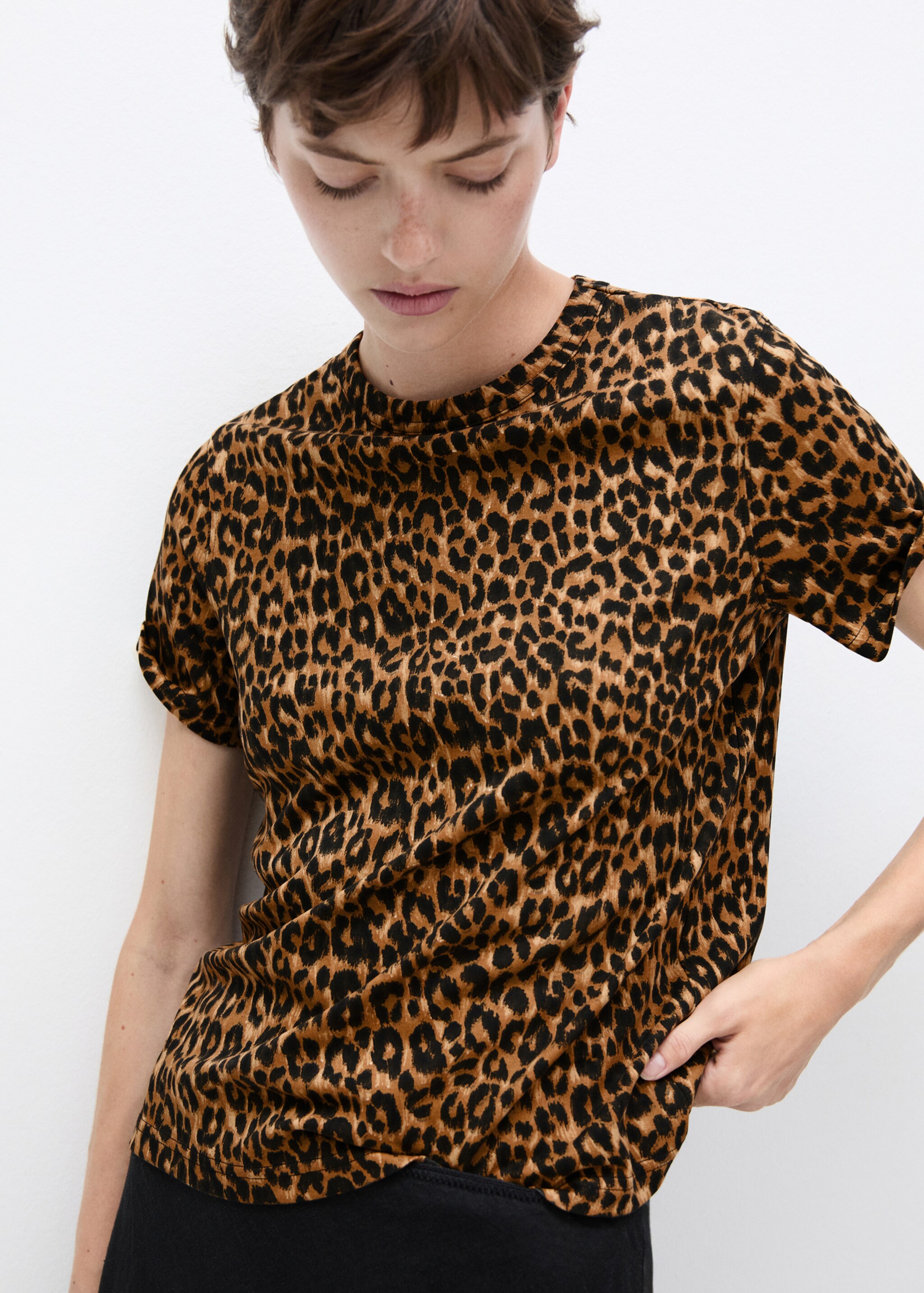 Animal-print cotton t-shirt - Средний план, Коричневый. Ref: 77004787-00.