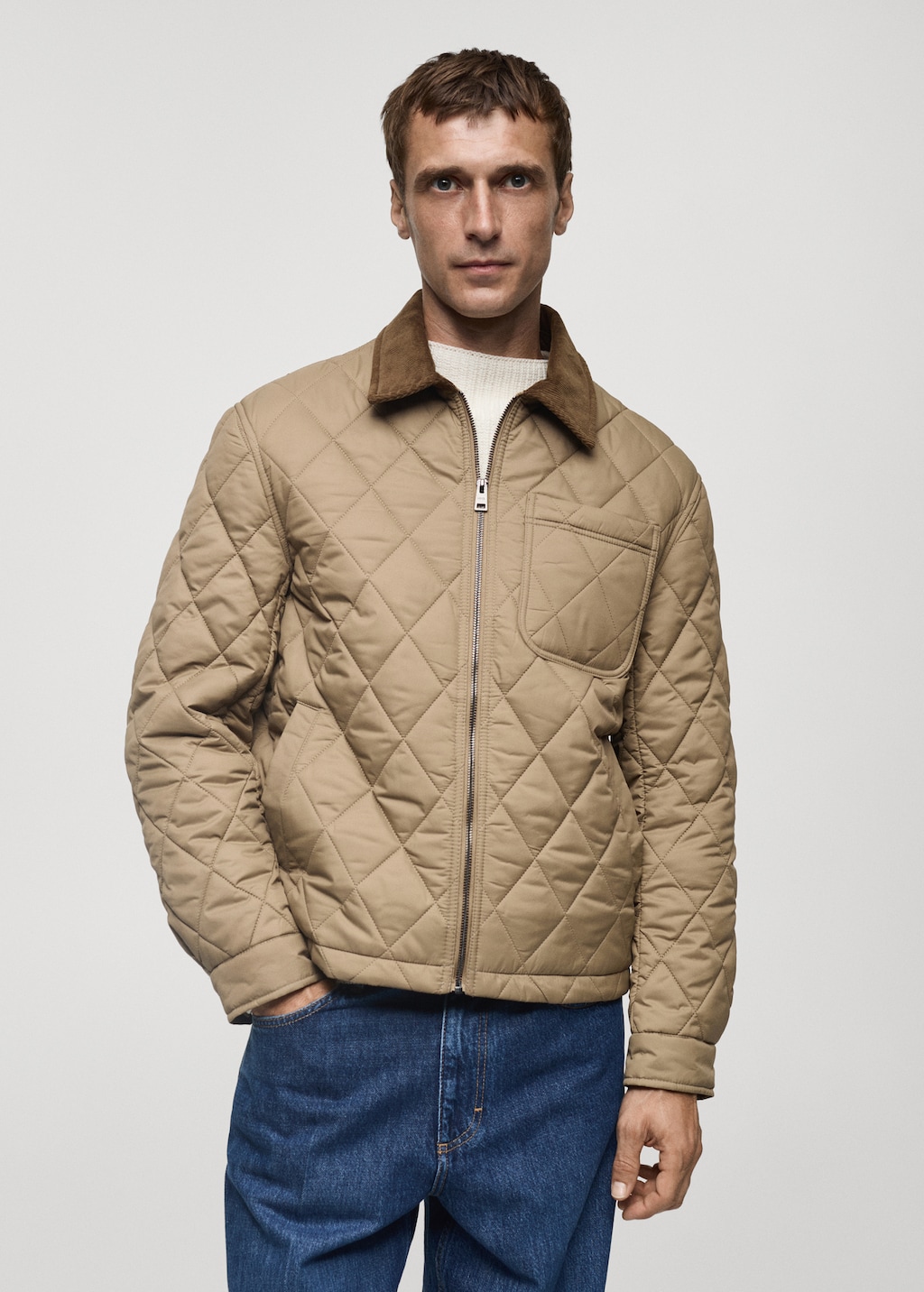 Quilted jacket with corduroy collar