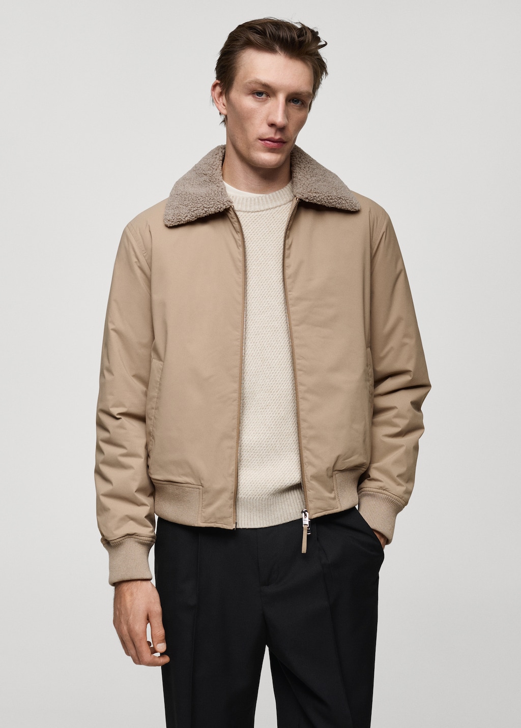 Water-repellent jacket with sheepskin collar - Men | MANGO USA