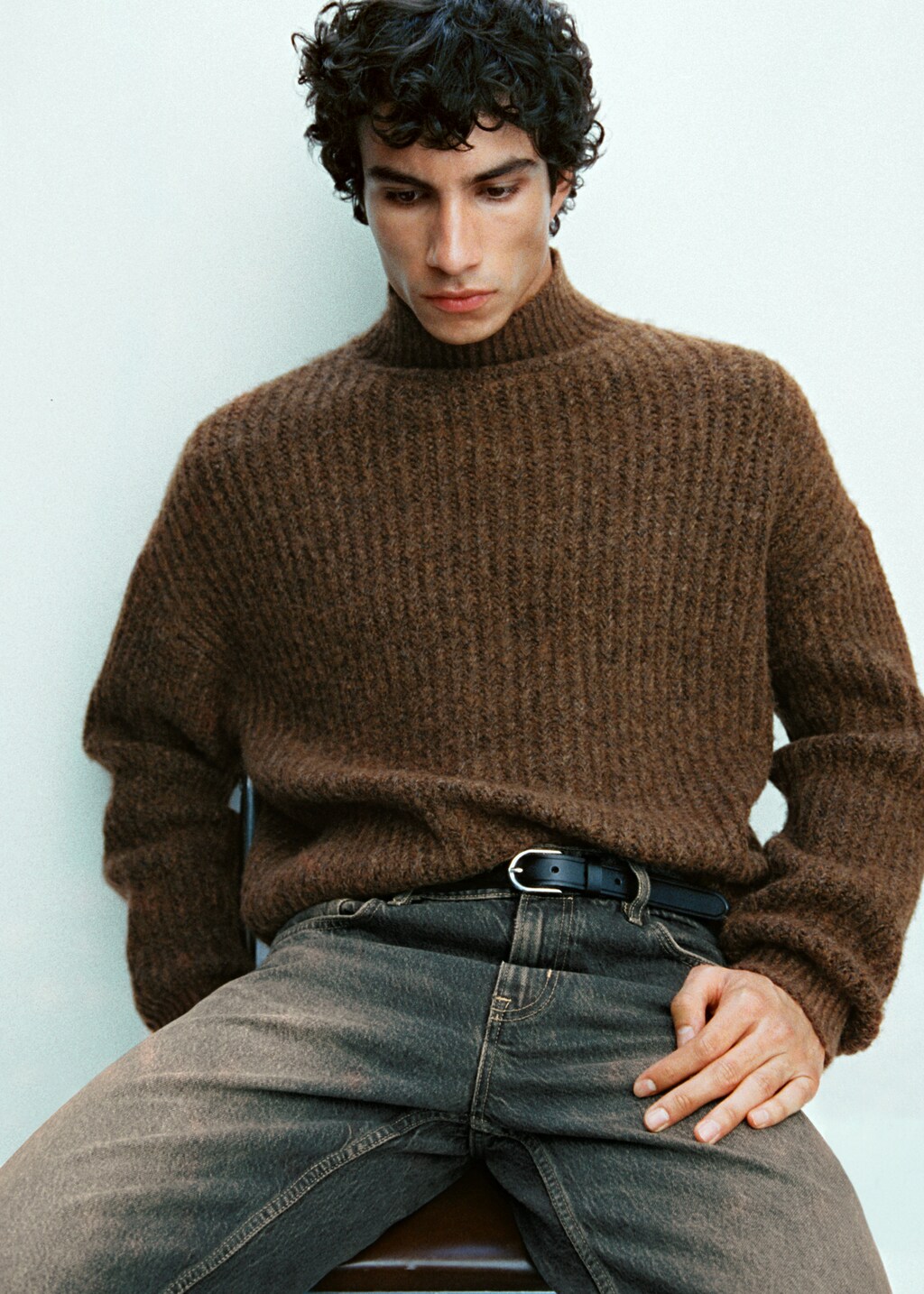 Perkins-neck rib-knit sweater