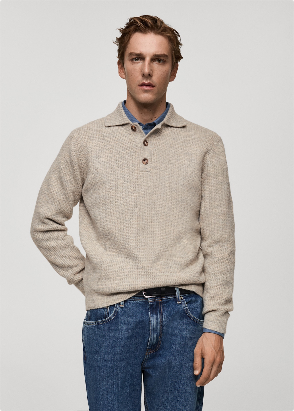 MANGO MAN Regular fit knitted polo sweater sand S Man