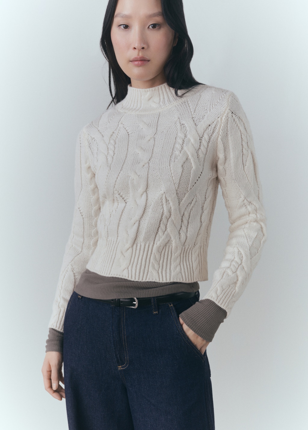 MANGO Perkins neck braided sweater ecru XXL Woman