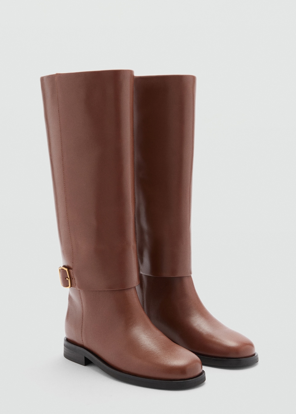 Mango leather riding boots in brown with buckle embellishment.