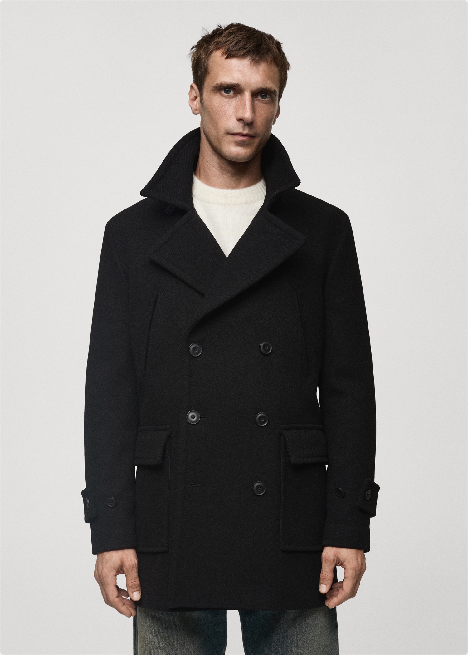 Breasted Wool Trench Coat Double Breasted Coat Mens Black Pea
