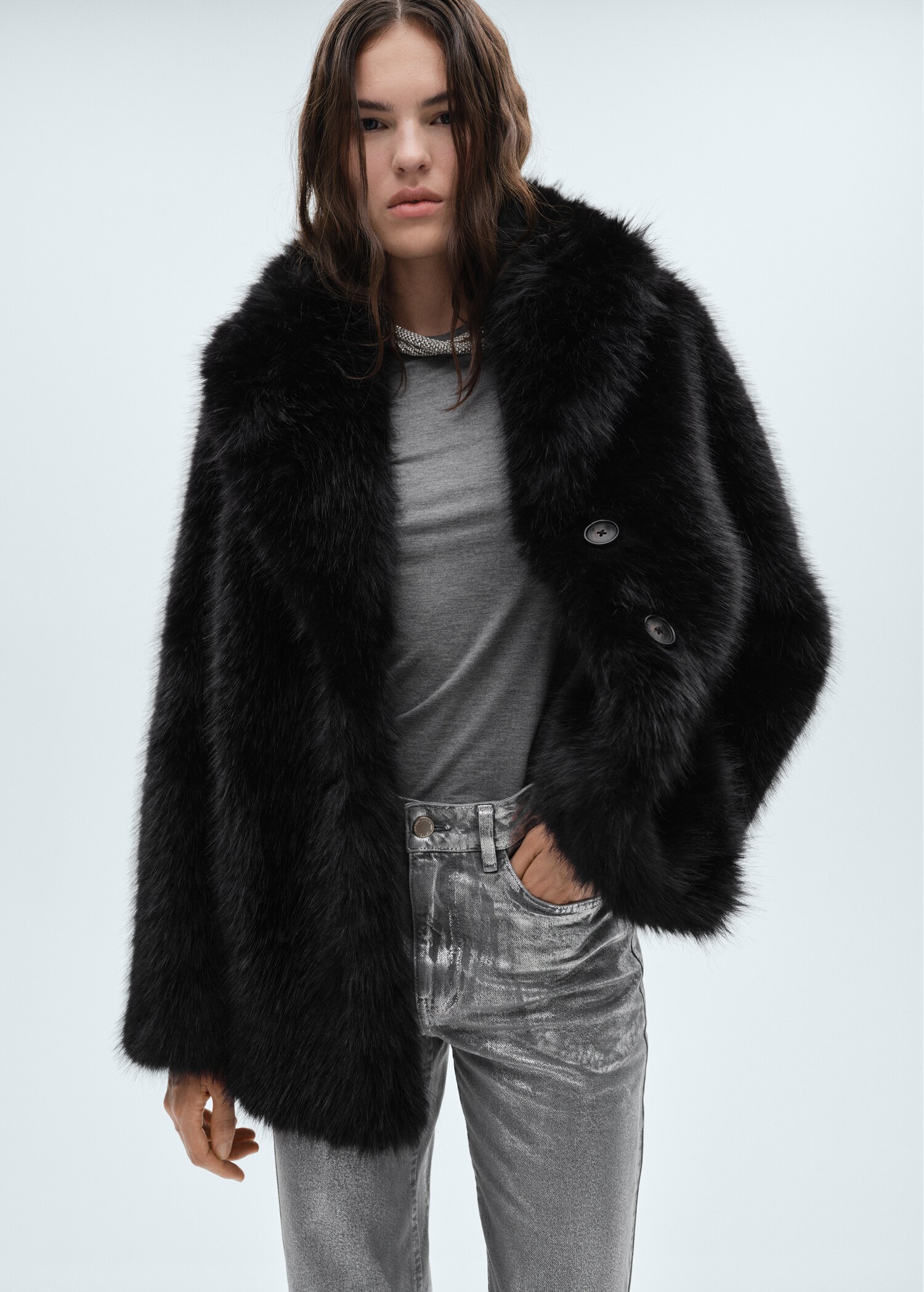 Coat with fur-effect lapels - Medium plane