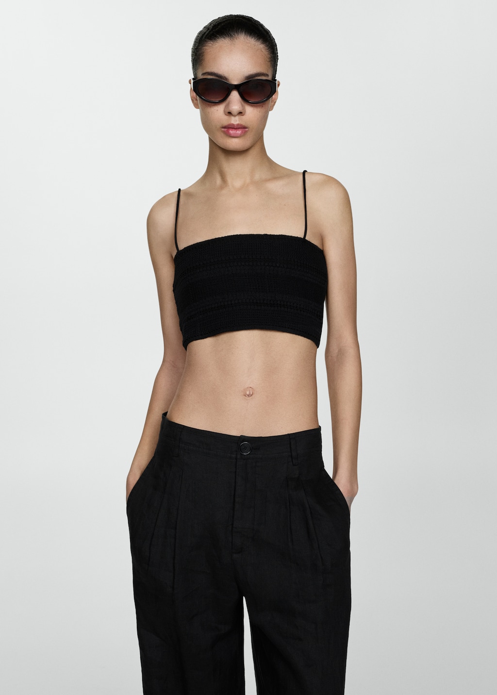 Mango linen mix bandeau cami top in Black