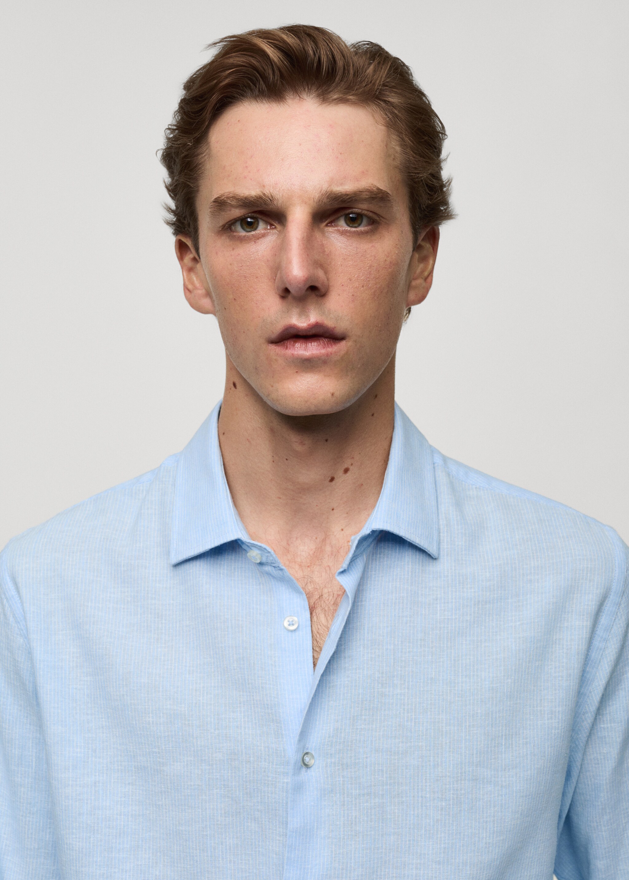 常规版型条纹棉麻混纺衬衫 - null, 天蓝. Ref: 77020579-00.