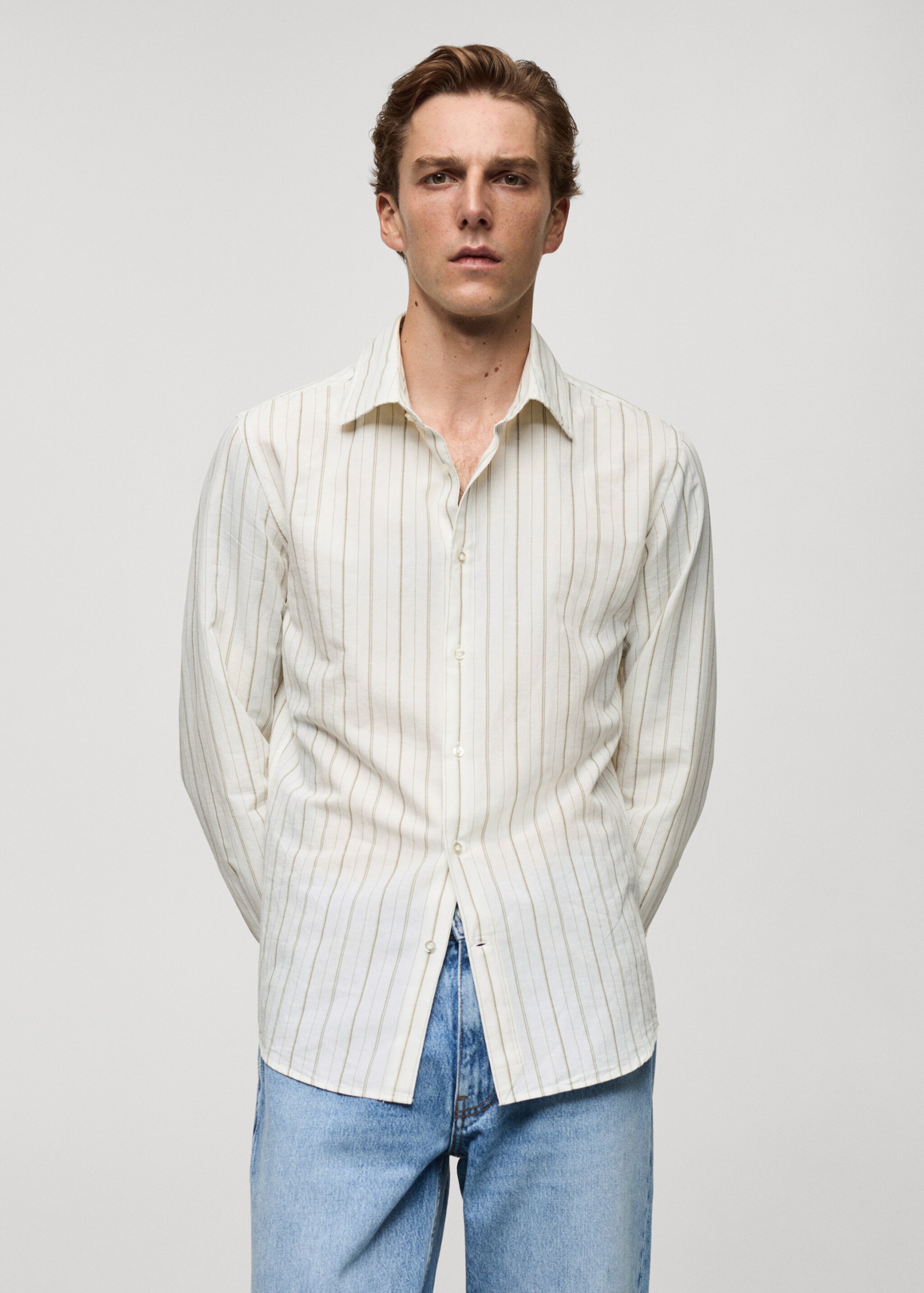 Chemise regular-fit lin coton rayures - Plan moyen, Kaki. Ref: 77022538-00.