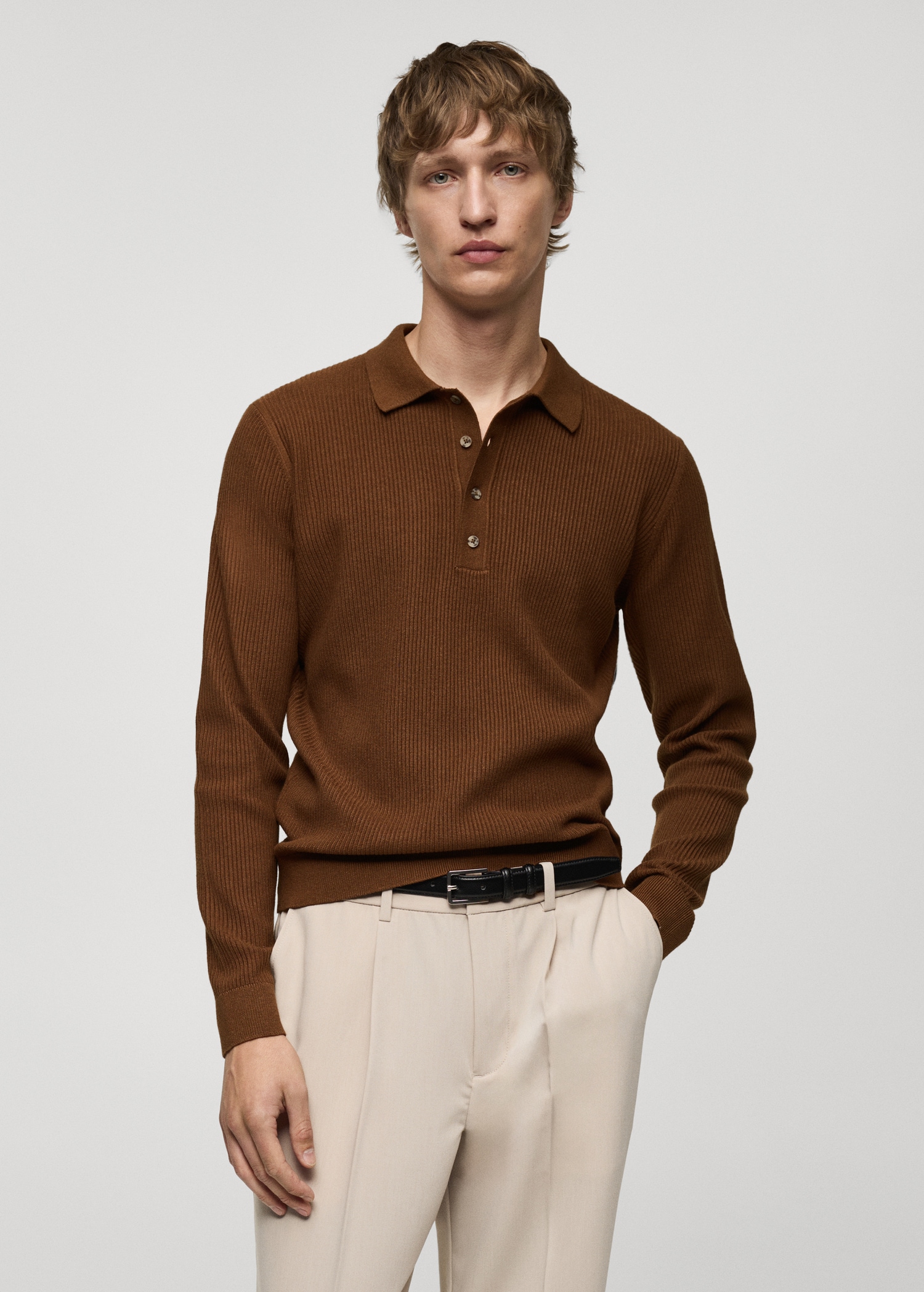 Pull-over polo coton mélangé maille côtelée - Plan moyen
