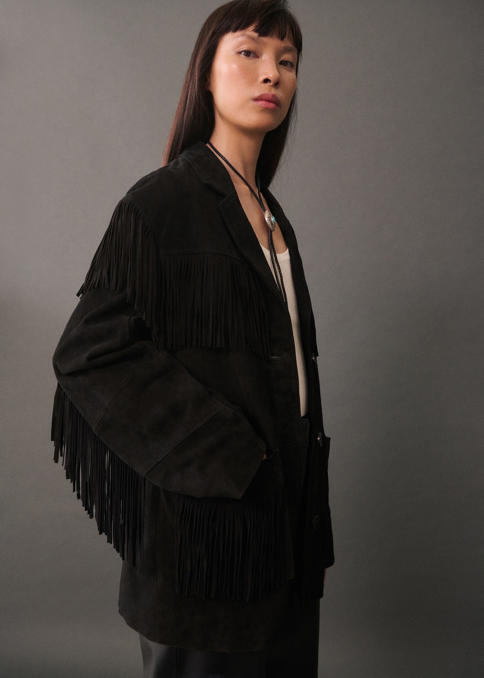 black mango 100% leather fringed jacket